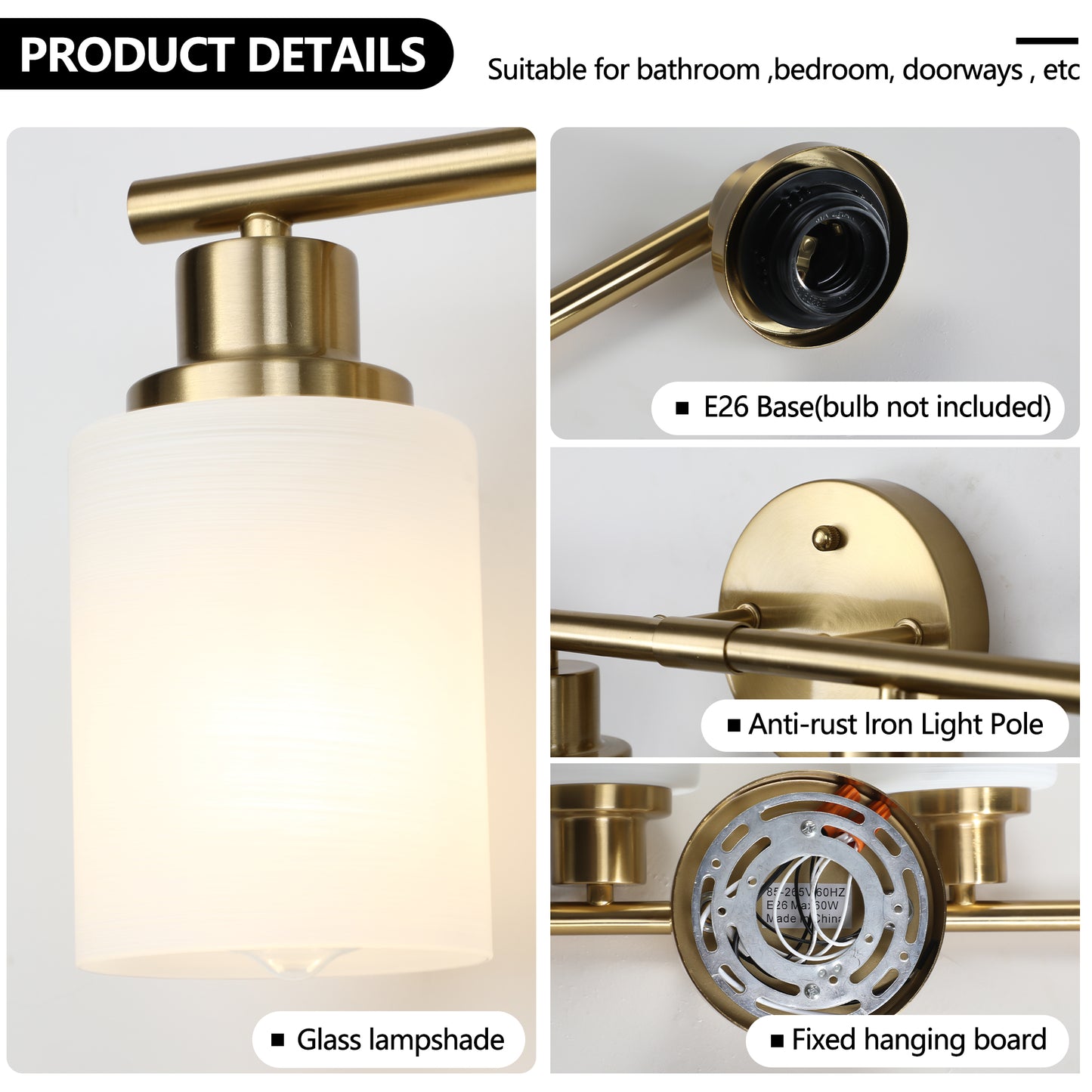 24" Modern 4-Light Vanity Wall Sconce, Golden Finish with Frosted Glass Shades for Bathroom or Hallway Lighting (No Bulbs)