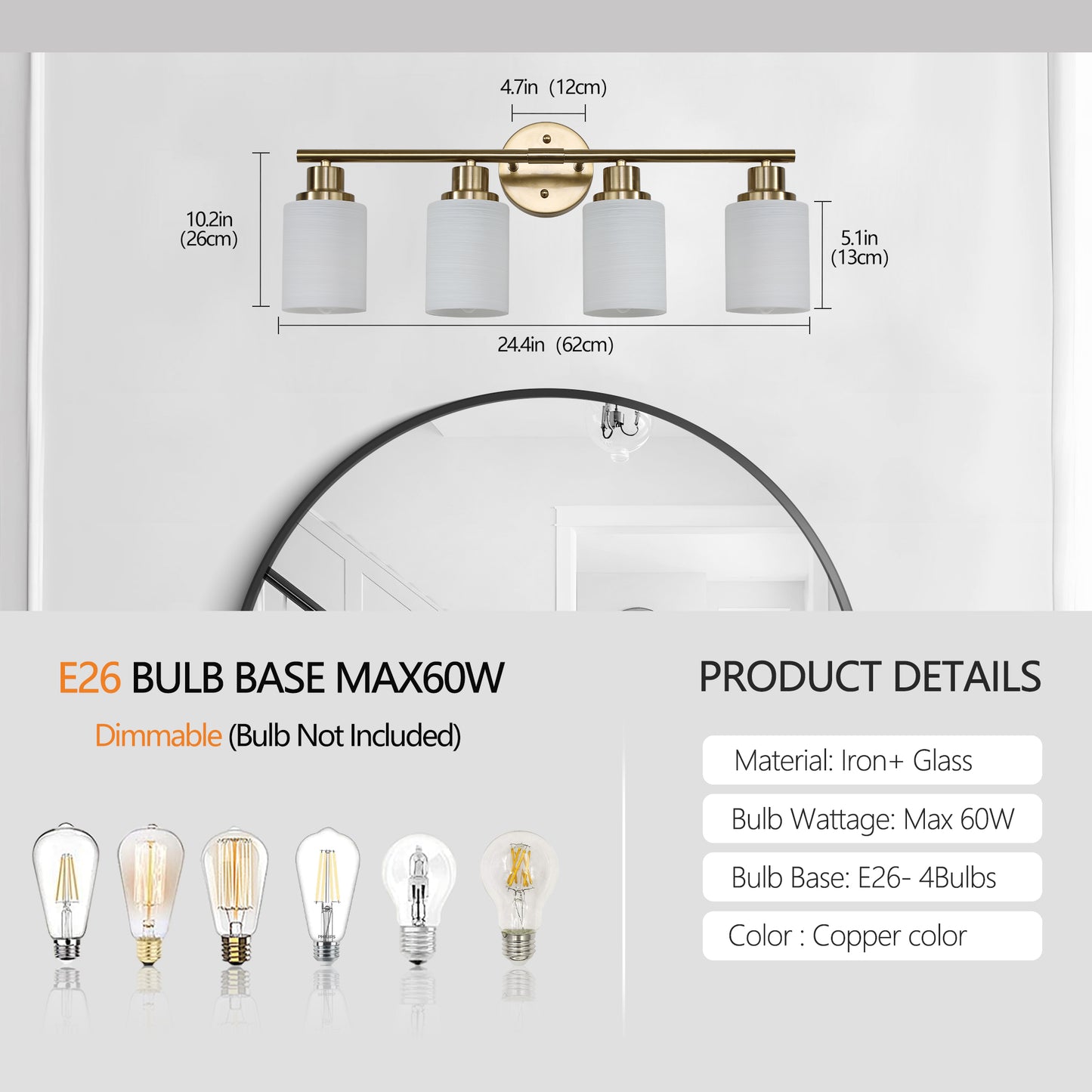 24" Modern 4-Light Vanity Wall Sconce, Golden Finish with Frosted Glass Shades for Bathroom or Hallway Lighting (No Bulbs)