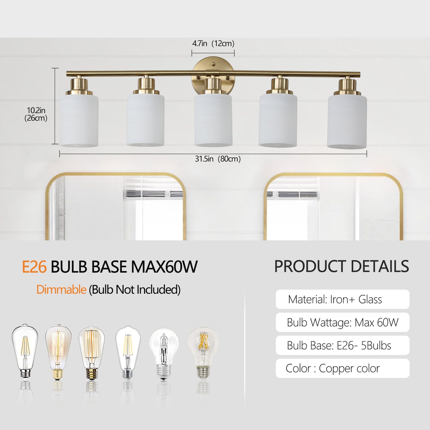 31" Modern 5-Light Vanity Wall Sconce, Golden Finish with Frosted Glass Shades for Bathroom or Hallway Lighting (No Bulbs)
