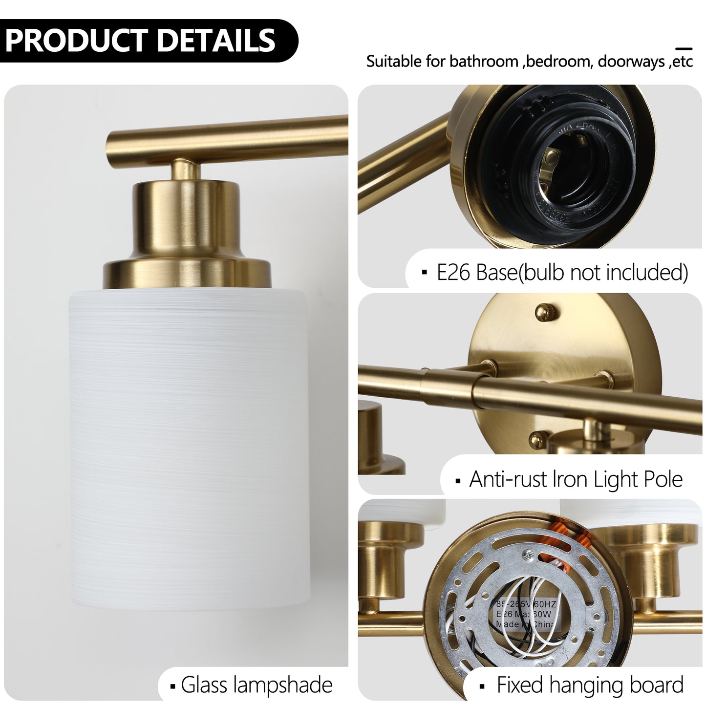 31" Modern 5-Light Vanity Wall Sconce, Golden Finish with Frosted Glass Shades for Bathroom or Hallway Lighting (No Bulbs)