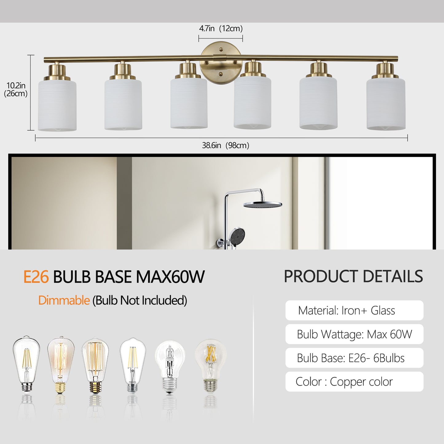 39" Modern 6-Light Vanity Wall Sconce, Golden Finish with Frosted Glass Shades for Bathroom or Hallway Lighting (No Bulbs)