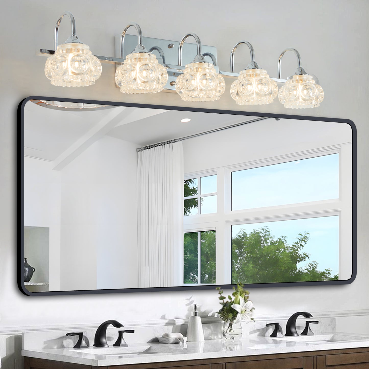 29" Brushed Nickel Finish Vintage Crystal Vanity Light - Elegant 5-Light Bathroom Mirror Fixture with Clear Glass Shades (No Bulbs)