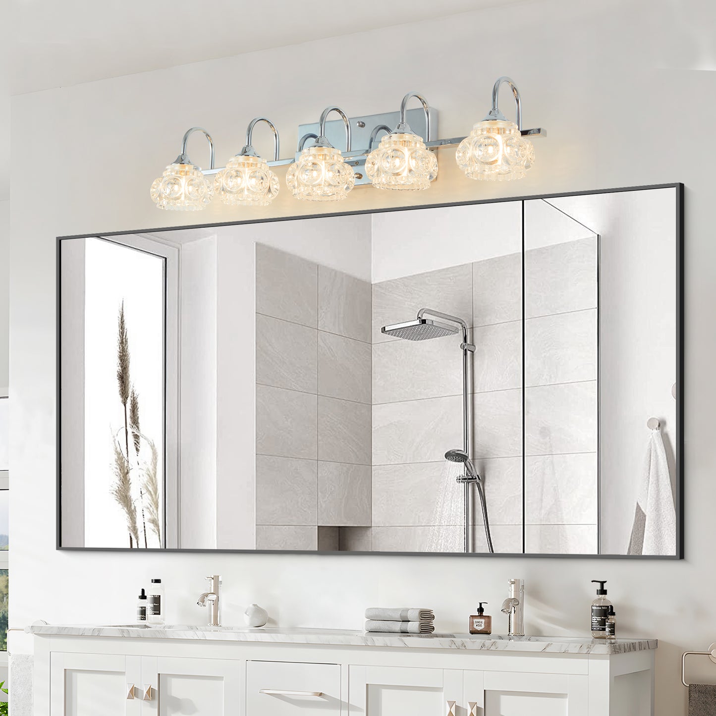 29" Brushed Nickel Finish Vintage Crystal Vanity Light - Elegant 5-Light Bathroom Mirror Fixture with Clear Glass Shades (No Bulbs)