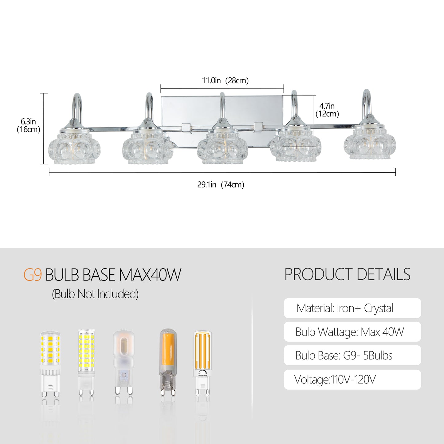 29" Brushed Nickel Finish Vintage Crystal Vanity Light - Elegant 5-Light Bathroom Mirror Fixture with Clear Glass Shades (No Bulbs)