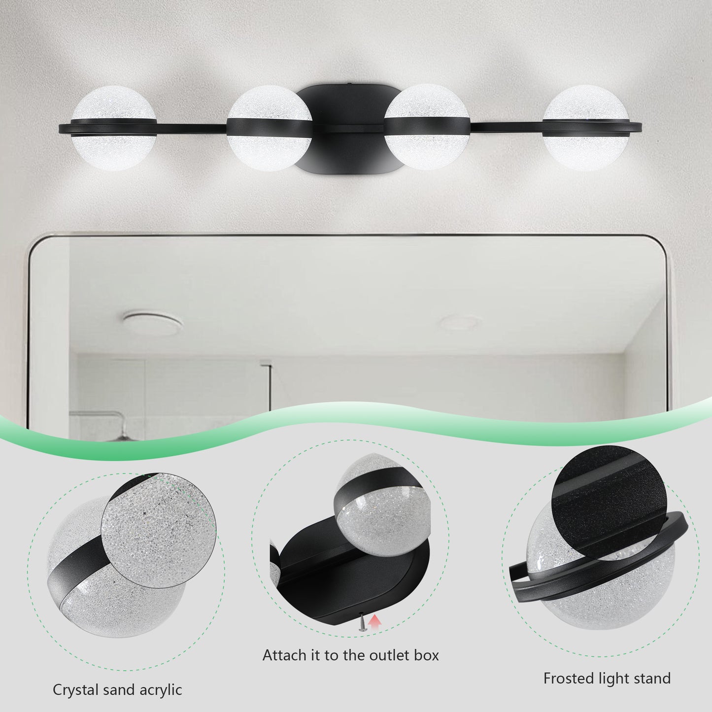 30" Black Minimalist LED Bathroom Vanity Light with Crystal Sand Acrylic Shades, 4-Light Wall Mounted Decorative Lighting Fixture, Suitable for Bathroom Vanity Mirror