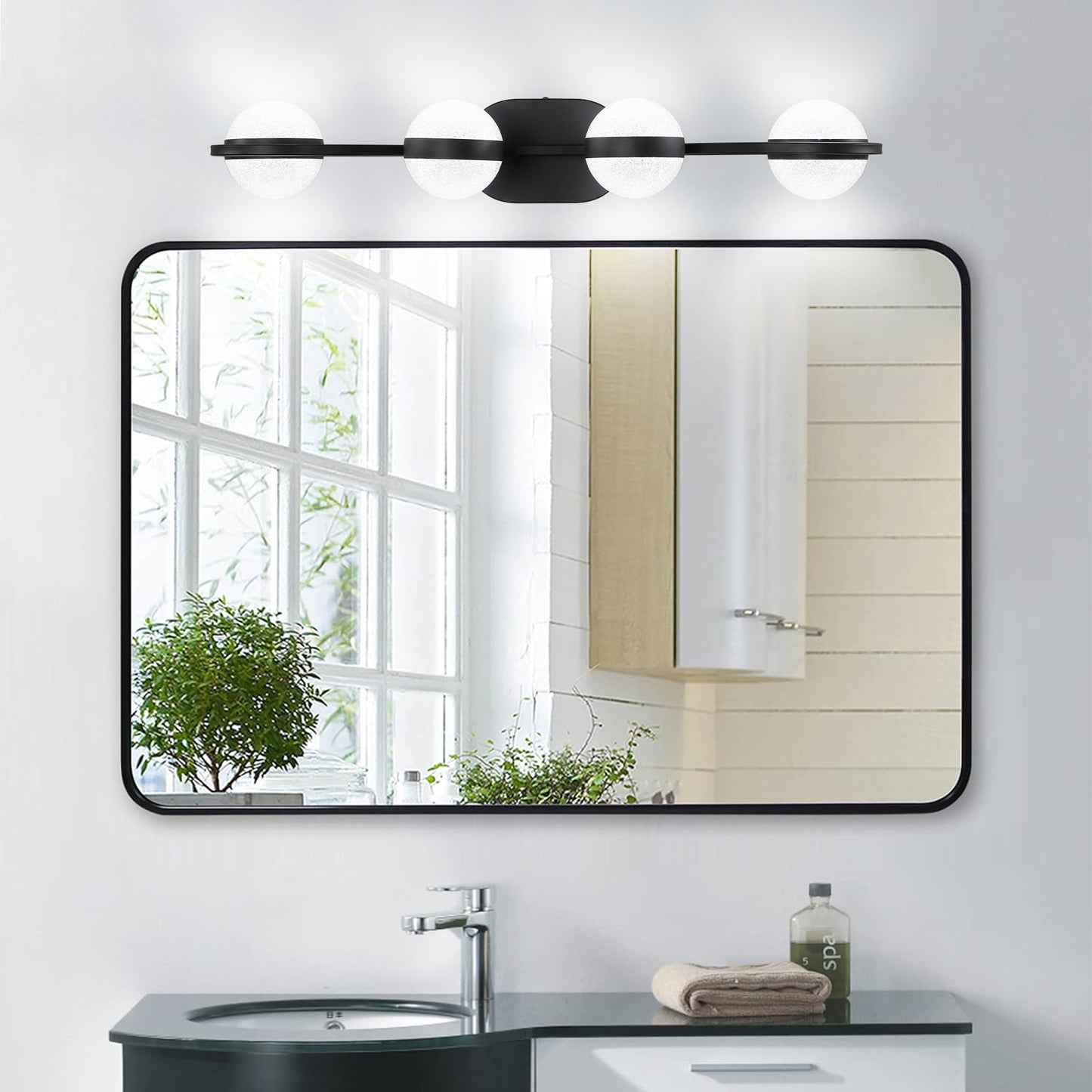 30" Black Minimalist LED Bathroom Vanity Light with Crystal Sand Acrylic Shades, 4-Light Wall Mounted Decorative Lighting Fixture, Suitable for Bathroom Vanity Mirror