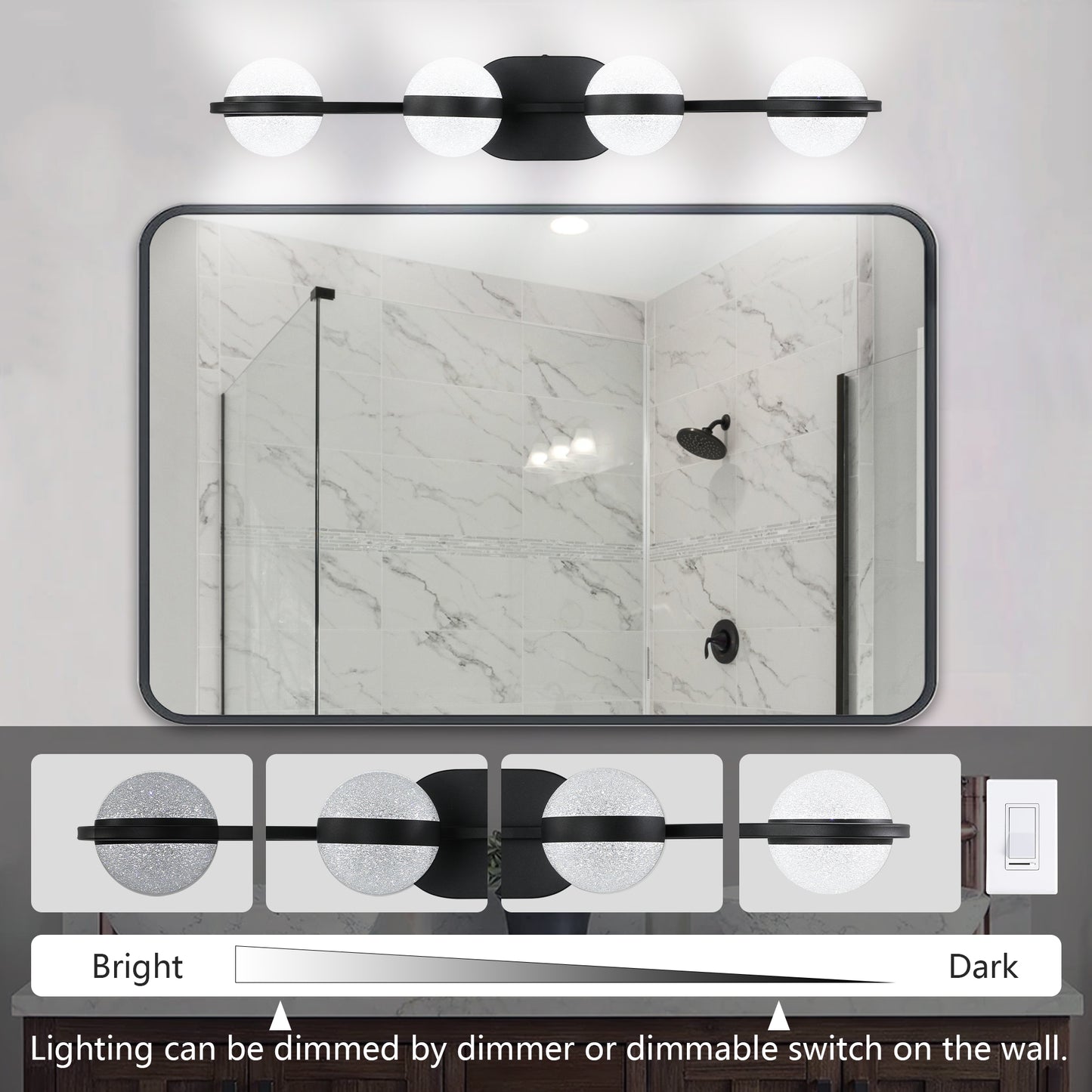 30" Black Minimalist LED Bathroom Vanity Light with Crystal Sand Acrylic Shades, 4-Light Wall Mounted Decorative Lighting Fixture, Suitable for Bathroom Vanity Mirror
