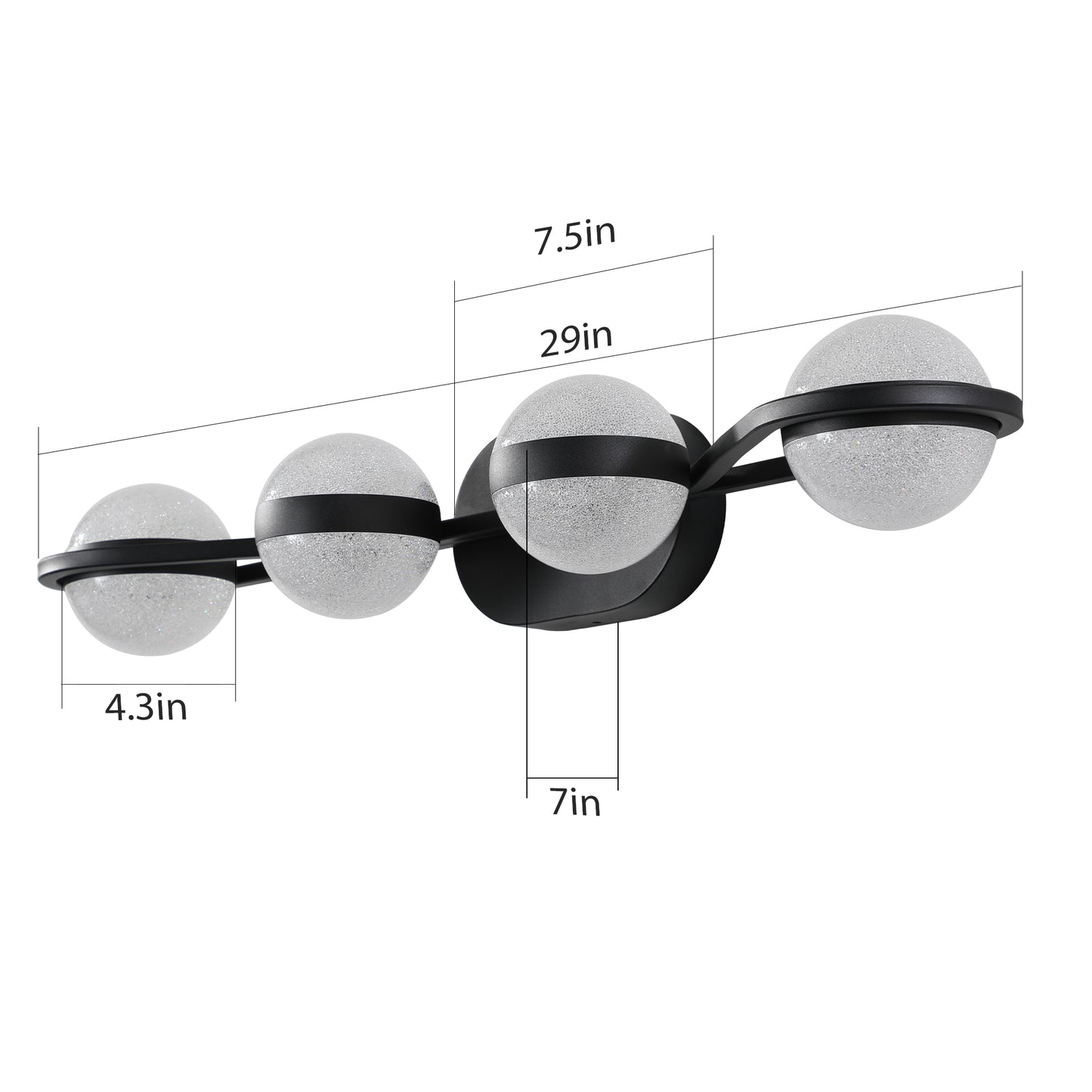 30" Black Minimalist LED Bathroom Vanity Light with Crystal Sand Acrylic Shades, 4-Light Wall Mounted Decorative Lighting Fixture, Suitable for Bathroom Vanity Mirror