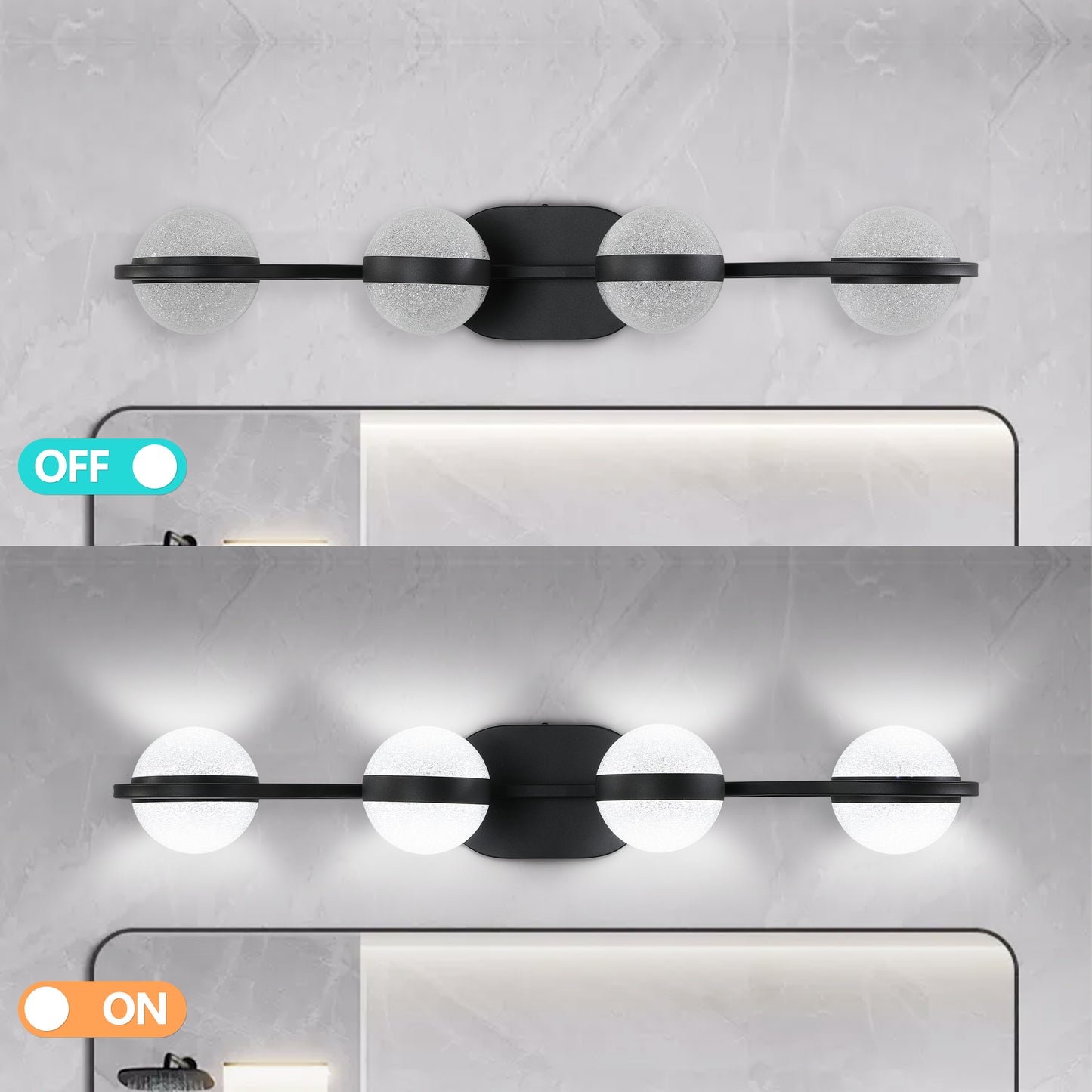 30" Black Minimalist LED Bathroom Vanity Light with Crystal Sand Acrylic Shades, 4-Light Wall Mounted Decorative Lighting Fixture, Suitable for Bathroom Vanity Mirror