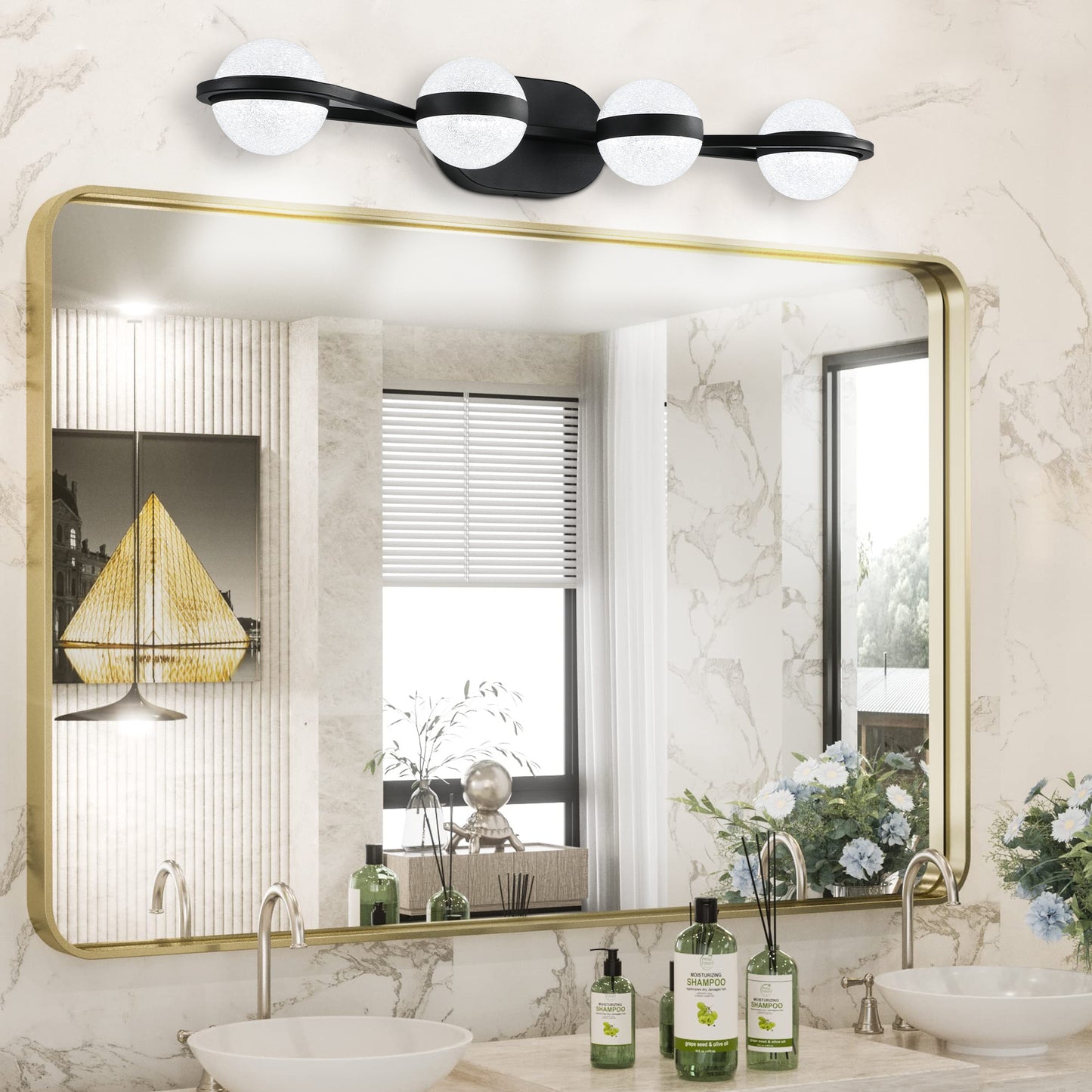 30" Black Minimalist LED Bathroom Vanity Light with Crystal Sand Acrylic Shades, 4-Light Wall Mounted Decorative Lighting Fixture, Suitable for Bathroom Vanity Mirror
