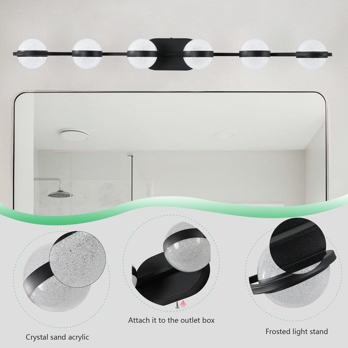 43" Black Minimalist LED Bathroom Vanity Light with Crystal Sand Acrylic Shades,6-Light Wall Mounted Decorative Lighting Fixture, Suitable for Bathroom Vanity Mirror