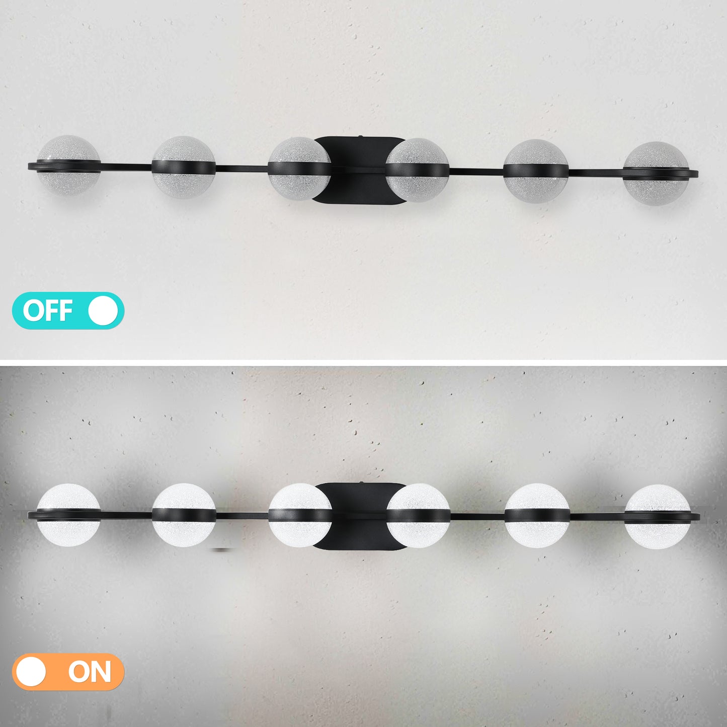 43" Black Minimalist LED Bathroom Vanity Light with Crystal Sand Acrylic Shades,6-Light Wall Mounted Decorative Lighting Fixture, Suitable for Bathroom Vanity Mirror