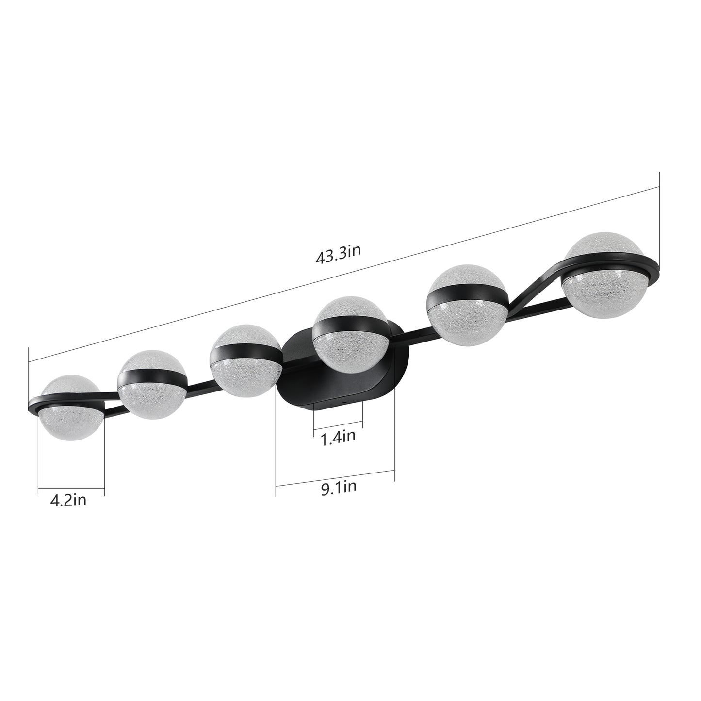 43" Black Minimalist LED Bathroom Vanity Light with Crystal Sand Acrylic Shades,6-Light Wall Mounted Decorative Lighting Fixture, Suitable for Bathroom Vanity Mirror