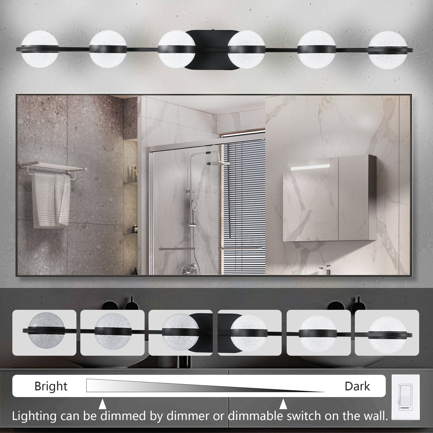 43" Black Minimalist LED Bathroom Vanity Light with Crystal Sand Acrylic Shades,6-Light Wall Mounted Decorative Lighting Fixture, Suitable for Bathroom Vanity Mirror