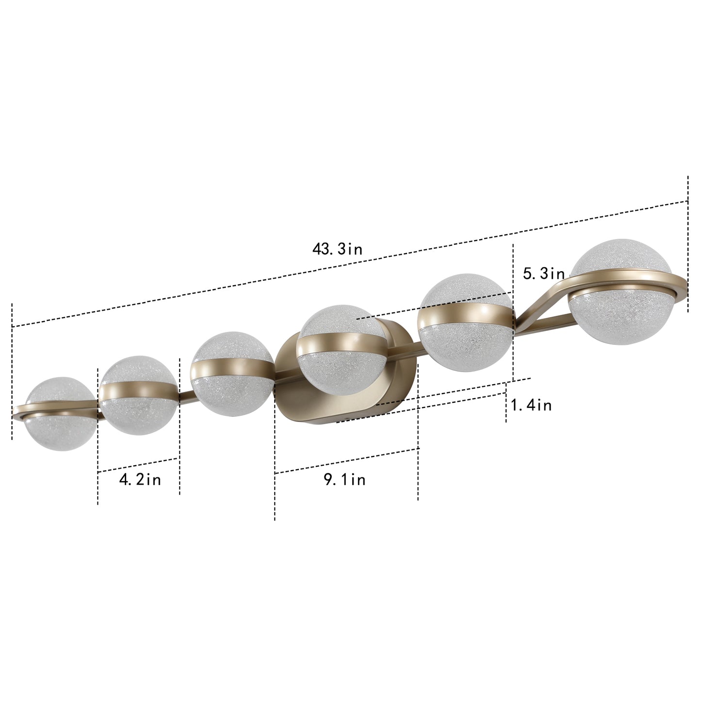 43" Gold Minimalist LED Bathroom Vanity Light with Crystal Sand Acrylic Shades, 6-Light Wall Mounted Decorative Lighting Fixture, Suitable for Bathroom Vanity Mirror