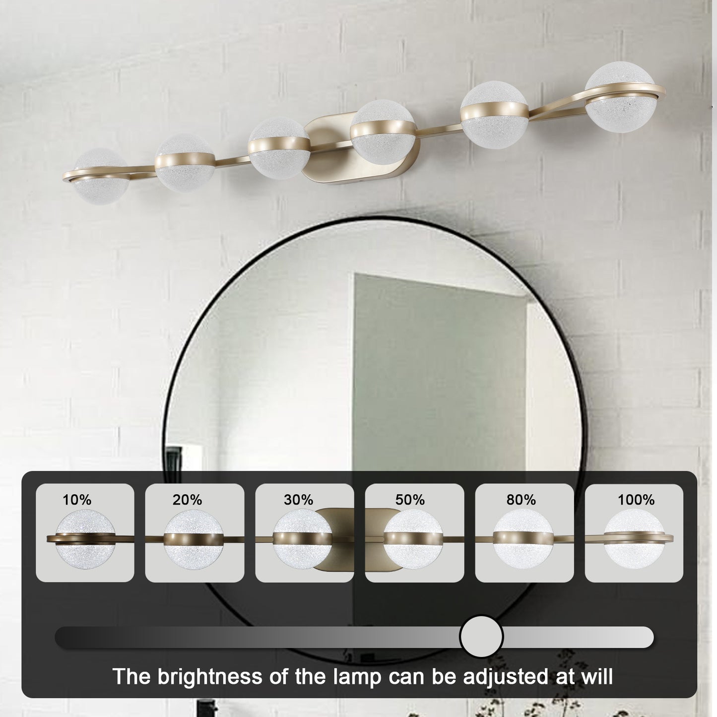 43" Gold Minimalist LED Bathroom Vanity Light with Crystal Sand Acrylic Shades, 6-Light Wall Mounted Decorative Lighting Fixture, Suitable for Bathroom Vanity Mirror
