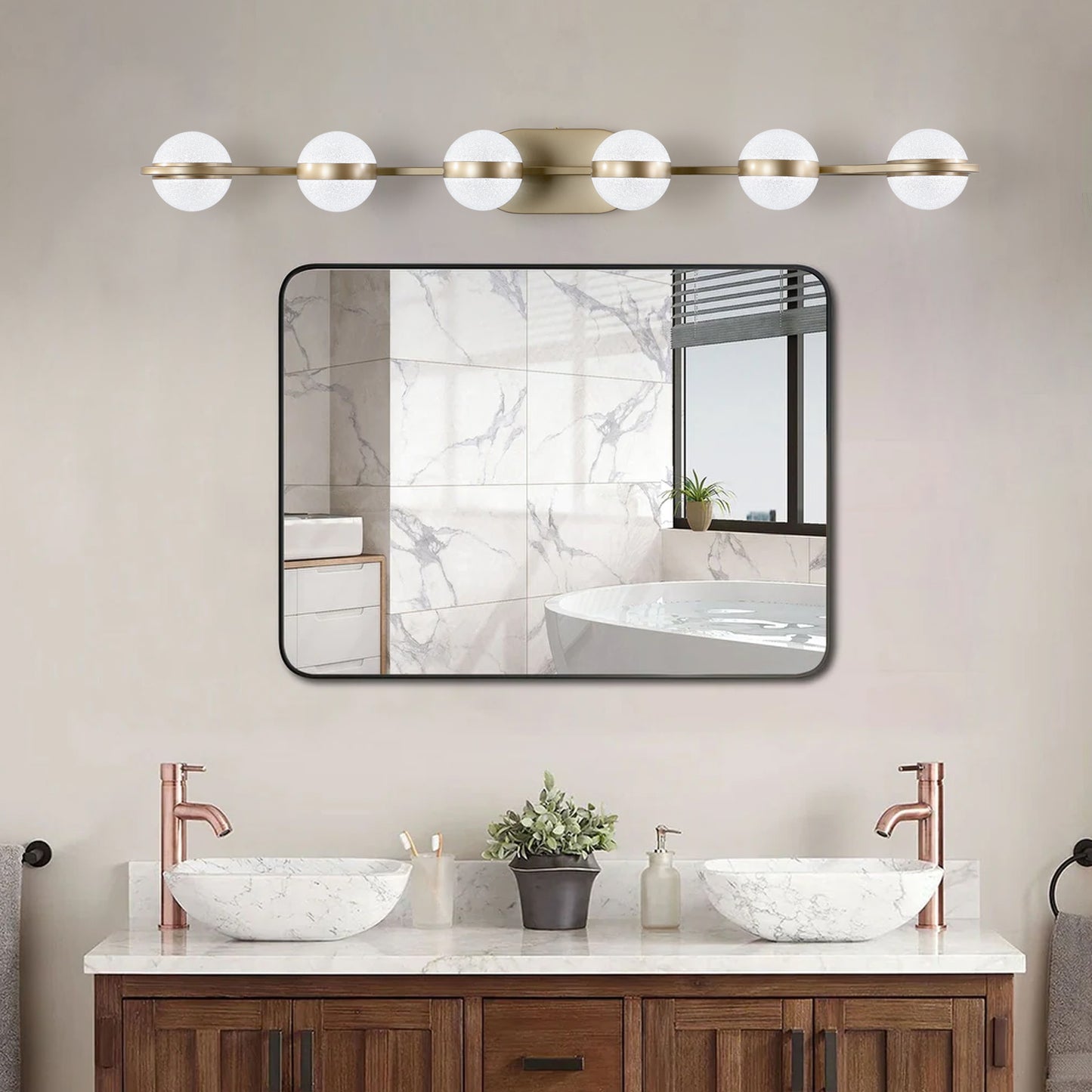 43" Gold Minimalist LED Bathroom Vanity Light with Crystal Sand Acrylic Shades, 6-Light Wall Mounted Decorative Lighting Fixture, Suitable for Bathroom Vanity Mirror