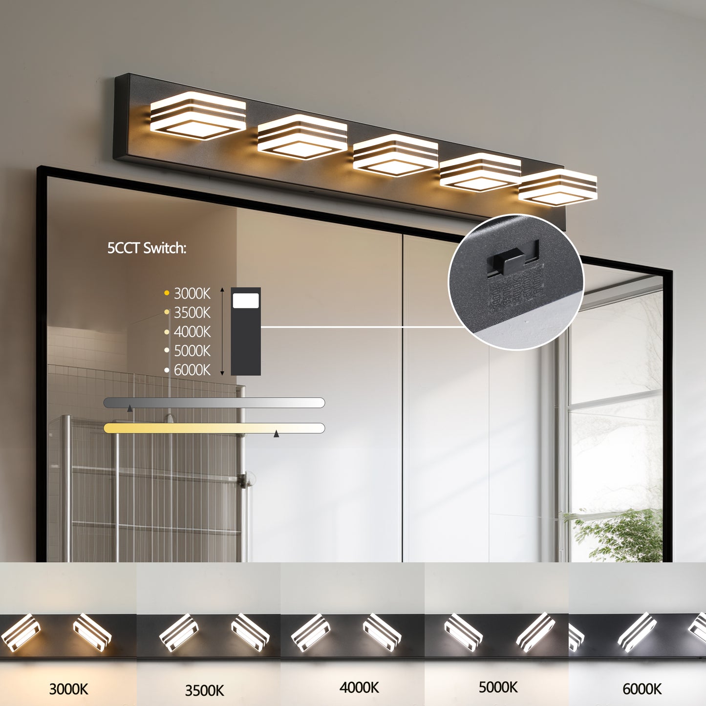 34" Modern 5-Light LED Vanity Light - Sleek Bathroom Wall Fixture, Iron & Acrylic, Dimmable & Energy-Efficient, Ideal for Mirror Lighting