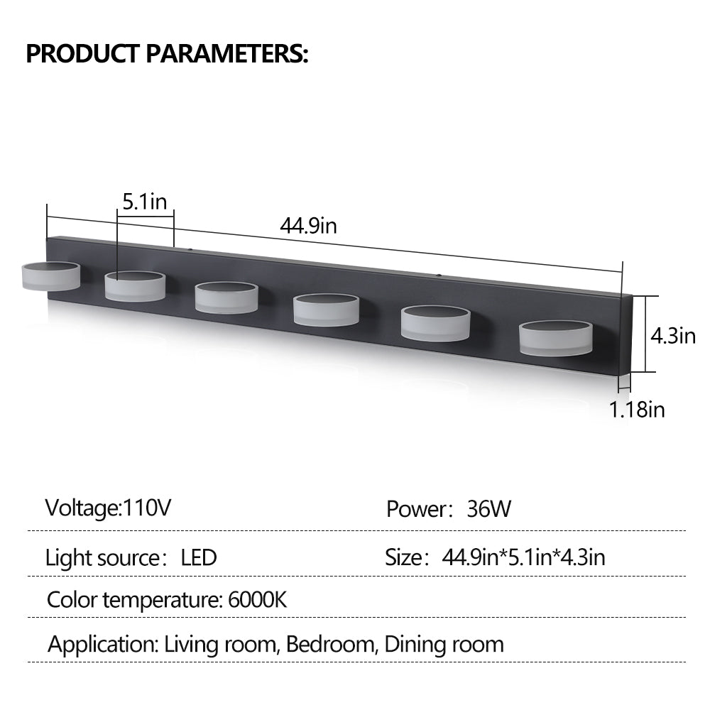 45" Modern 6-Light LED Vanity Light, Sleek Black Bathroom Wall Light Fixture for Mirror, Shower, and Bathroom Decor