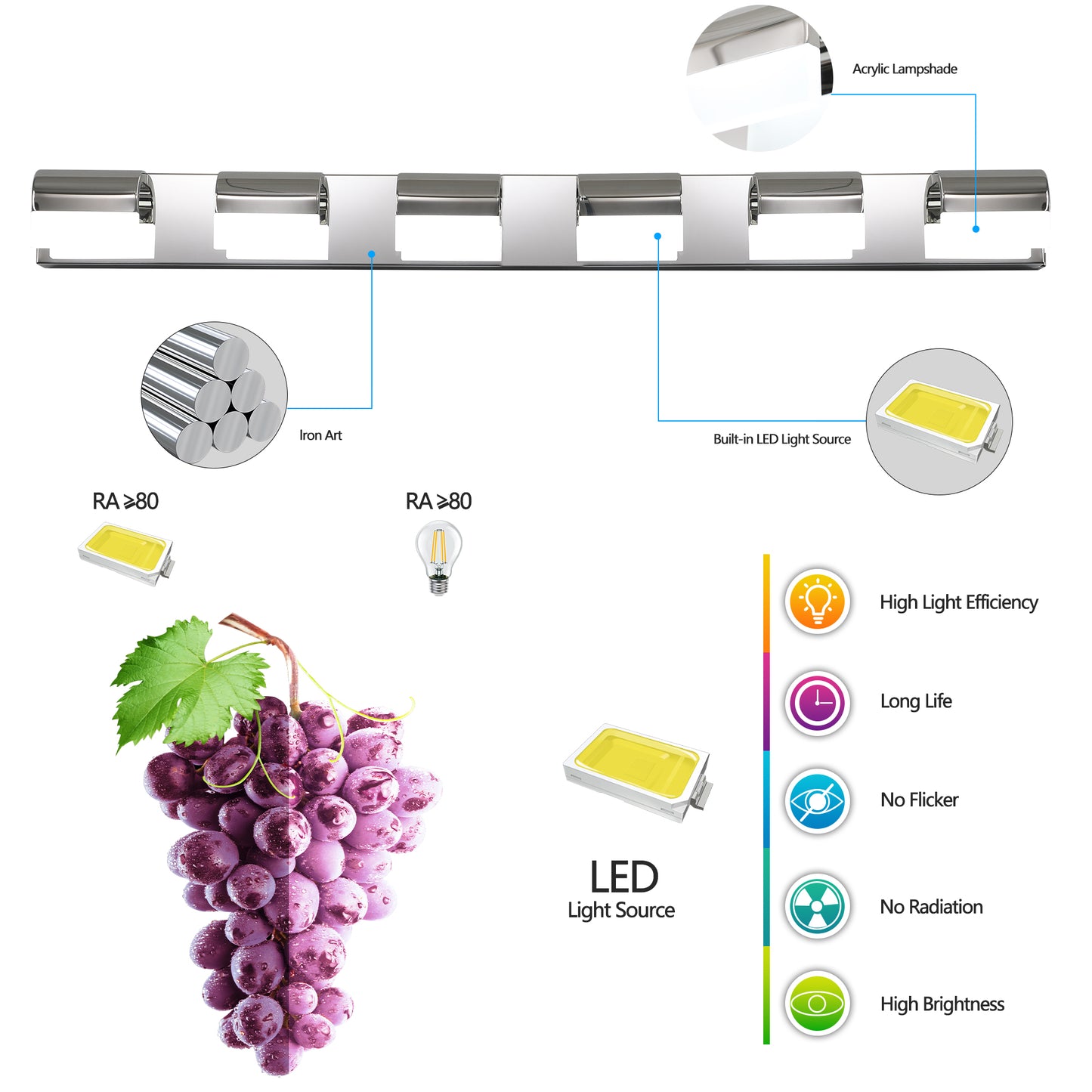 Modern Bathroom Vanity Lighting 6-Light LED Vanity Lights Over Mirror Bath Wall Lighting