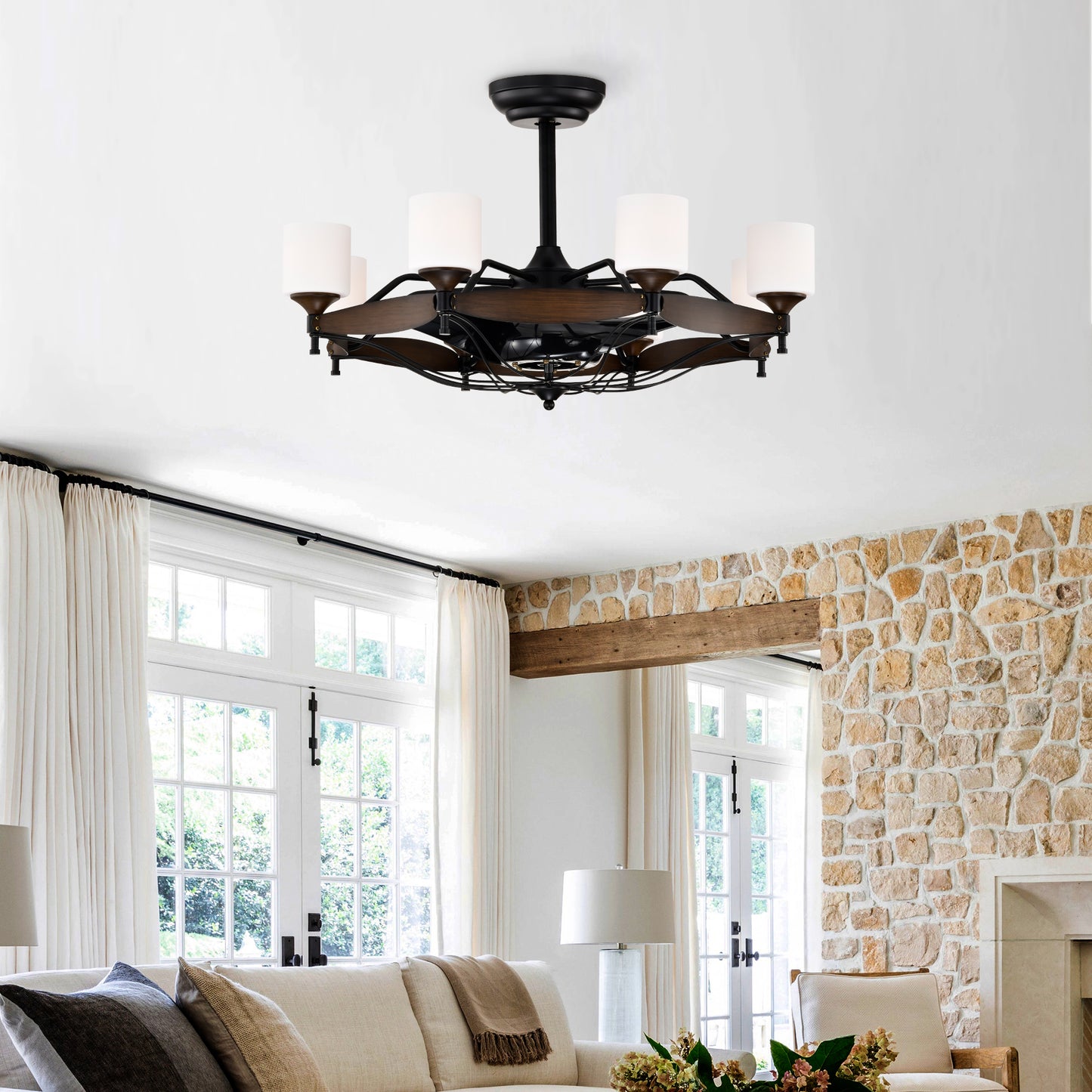 Dia 33 inch Chandelier Ceiling Fan With Remote Control,DC Motor ,6 Speed,3 ABS Blades for Bedroom Dining Room Living Room Kitchen Farmhouse Entry,Matte Black+ Red Wood Grain