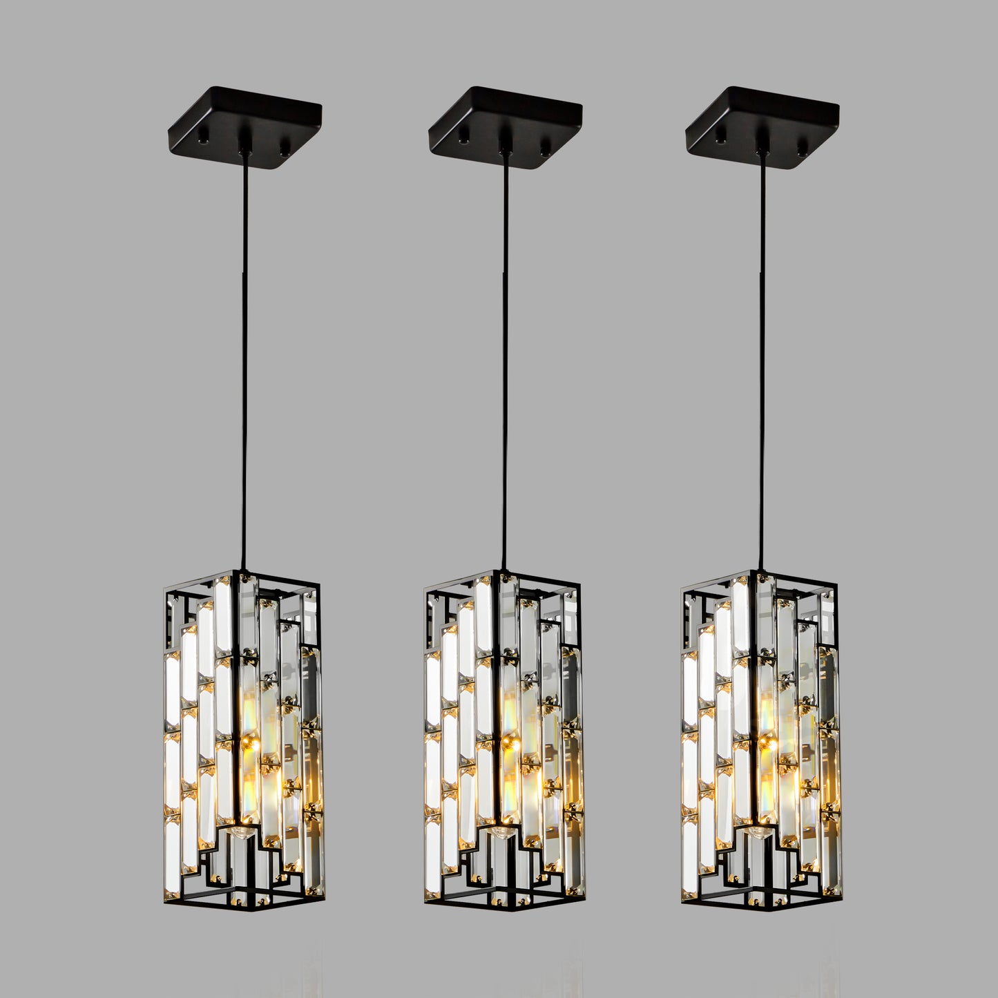 4" Modern Crystal Pendant Light - 3 Pack, Adjustable Hanging Ceiling Lamp with Crystal Prism Design for Dining Room, Kitchen Island, and Living Room -Black Finish