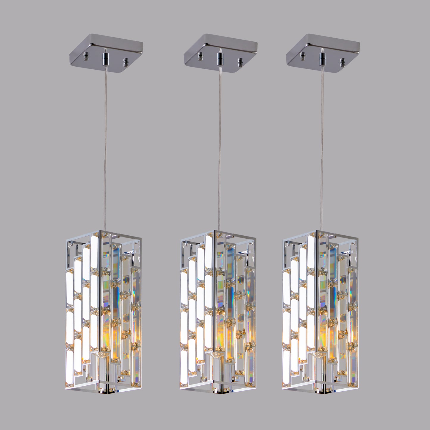 4" Modern Crystal Pendant Light - 3 Pack, Adjustable Hanging Ceiling Lamp with Crystal Prism Design for Dining Room, Kitchen Island, and Living Room -Chrome Finish