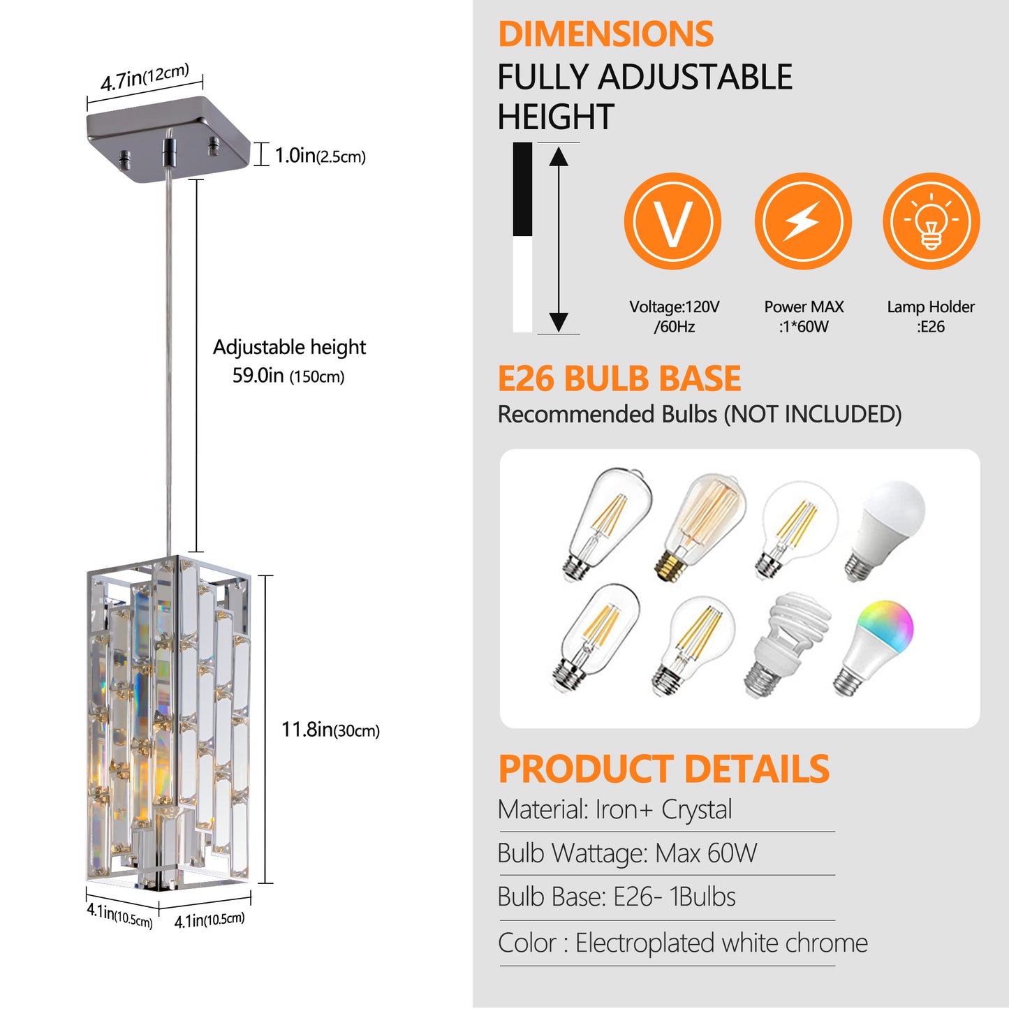 4" Modern Crystal Pendant Light - 3 Pack, Adjustable Hanging Ceiling Lamp with Crystal Prism Design for Dining Room, Kitchen Island, and Living Room -Chrome Finish