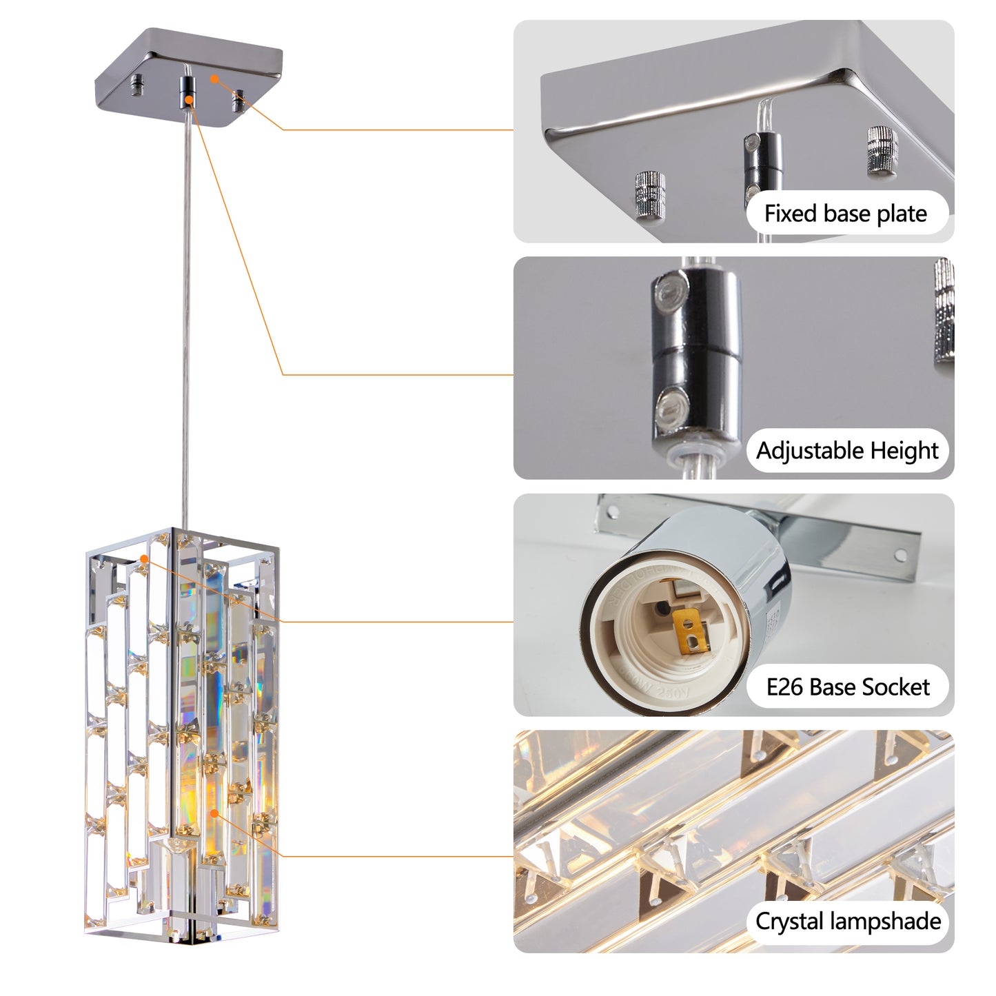 4" Modern Crystal Pendant Light - 3 Pack, Adjustable Hanging Ceiling Lamp with Crystal Prism Design for Dining Room, Kitchen Island, and Living Room -Chrome Finish