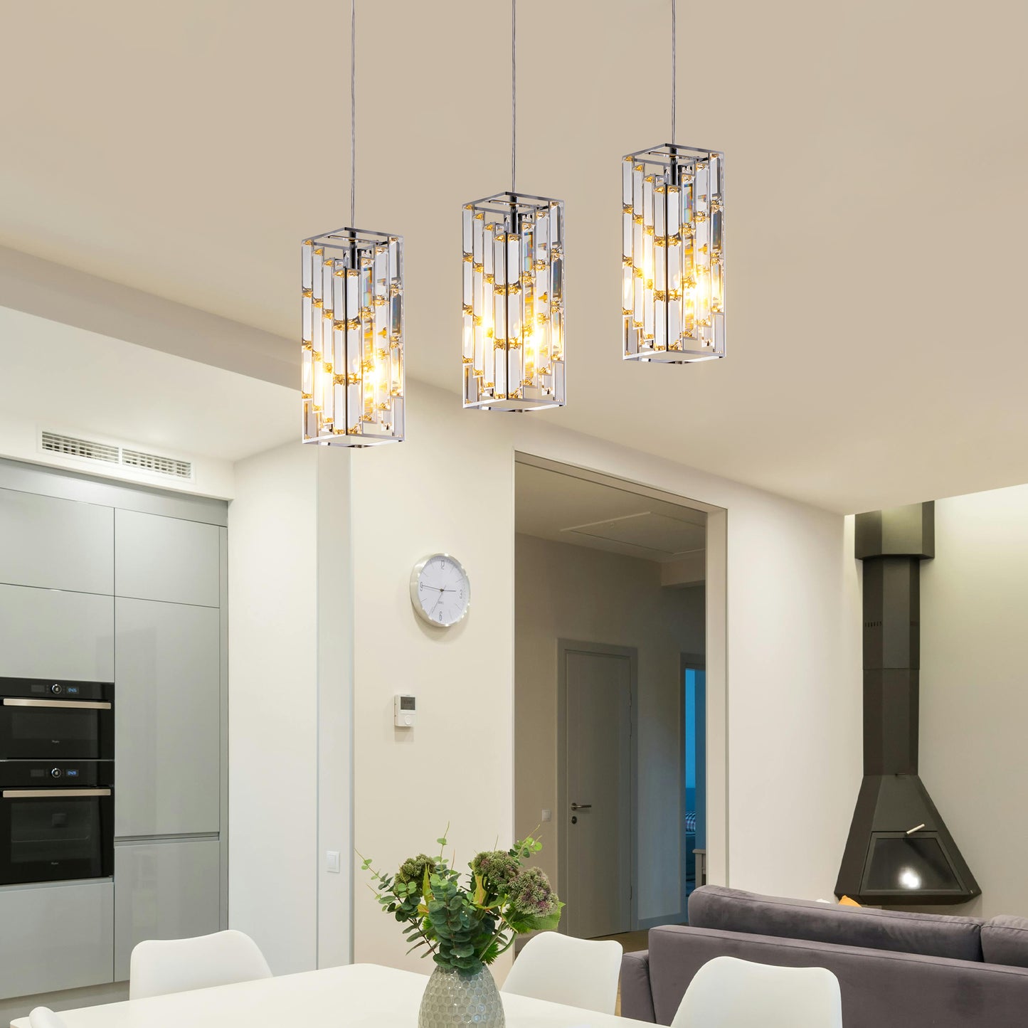 4" Modern Crystal Pendant Light - 3 Pack, Adjustable Hanging Ceiling Lamp with Crystal Prism Design for Dining Room, Kitchen Island, and Living Room -Chrome Finish