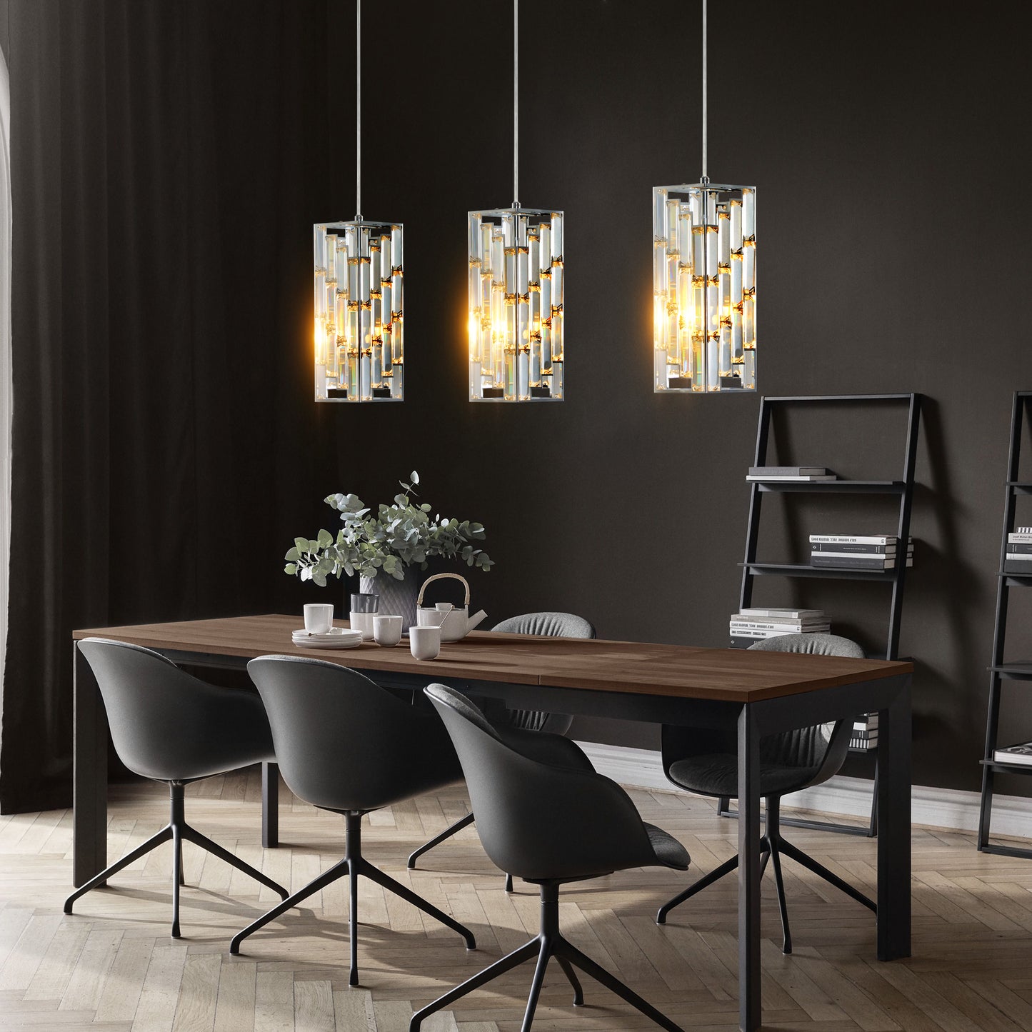 4" Modern Crystal Pendant Light - 3 Pack, Adjustable Hanging Ceiling Lamp with Crystal Prism Design for Dining Room, Kitchen Island, and Living Room -Chrome Finish