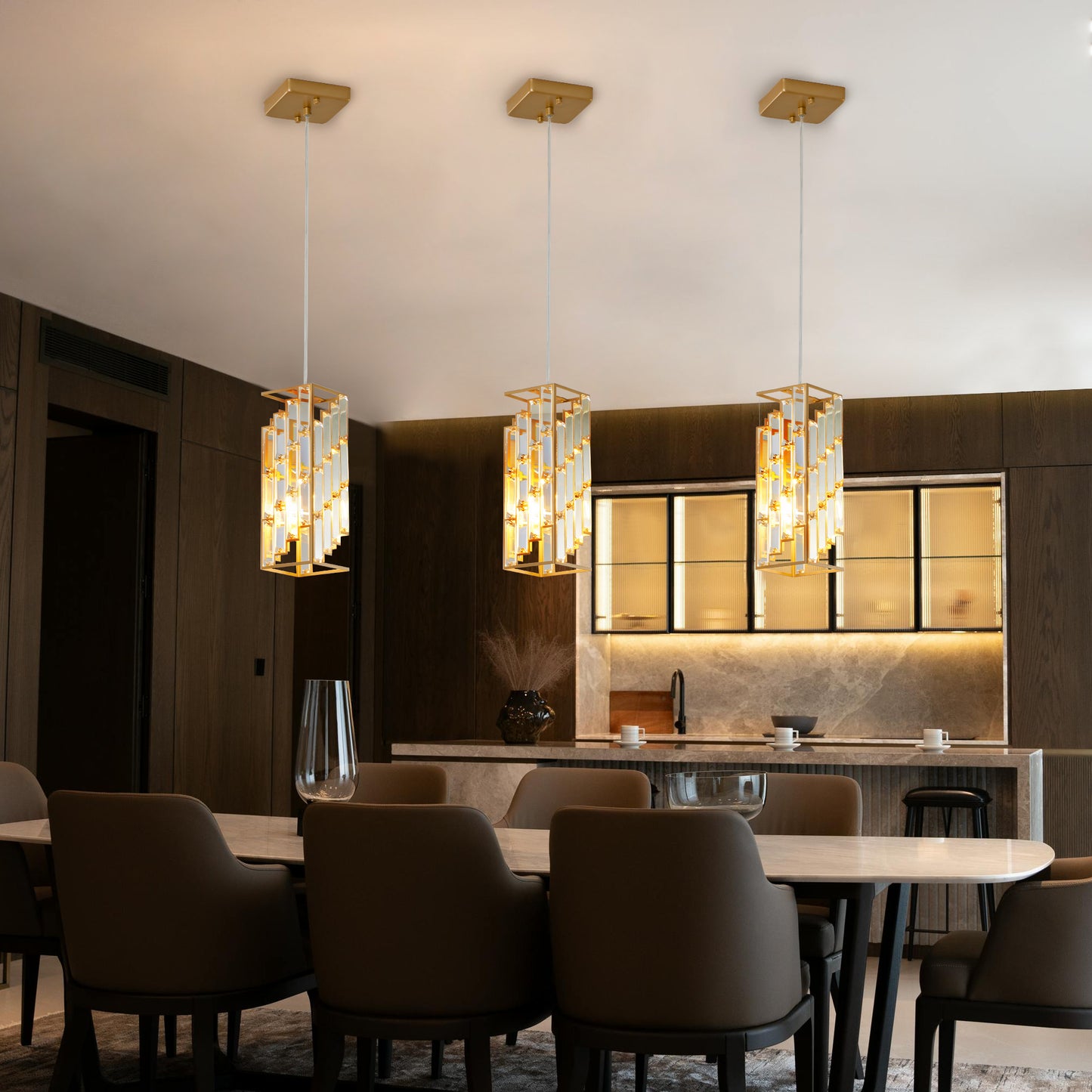 4" Modern Crystal Pendant Light - 3 Pack, Adjustable Hanging Ceiling Lamp with Crystal Prism Design for Dining Room, Kitchen Island, and Living Room -Golden Finish
