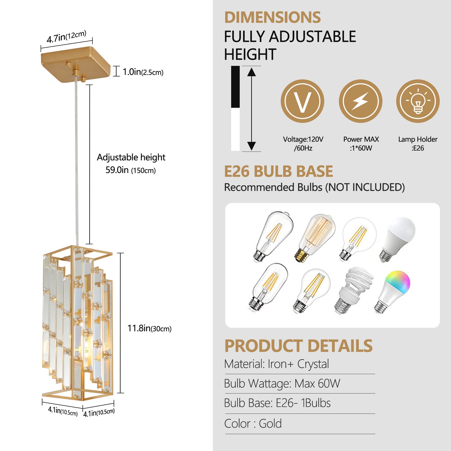 4" Modern Crystal Pendant Light - 3 Pack, Adjustable Hanging Ceiling Lamp with Crystal Prism Design for Dining Room, Kitchen Island, and Living Room -Golden Finish