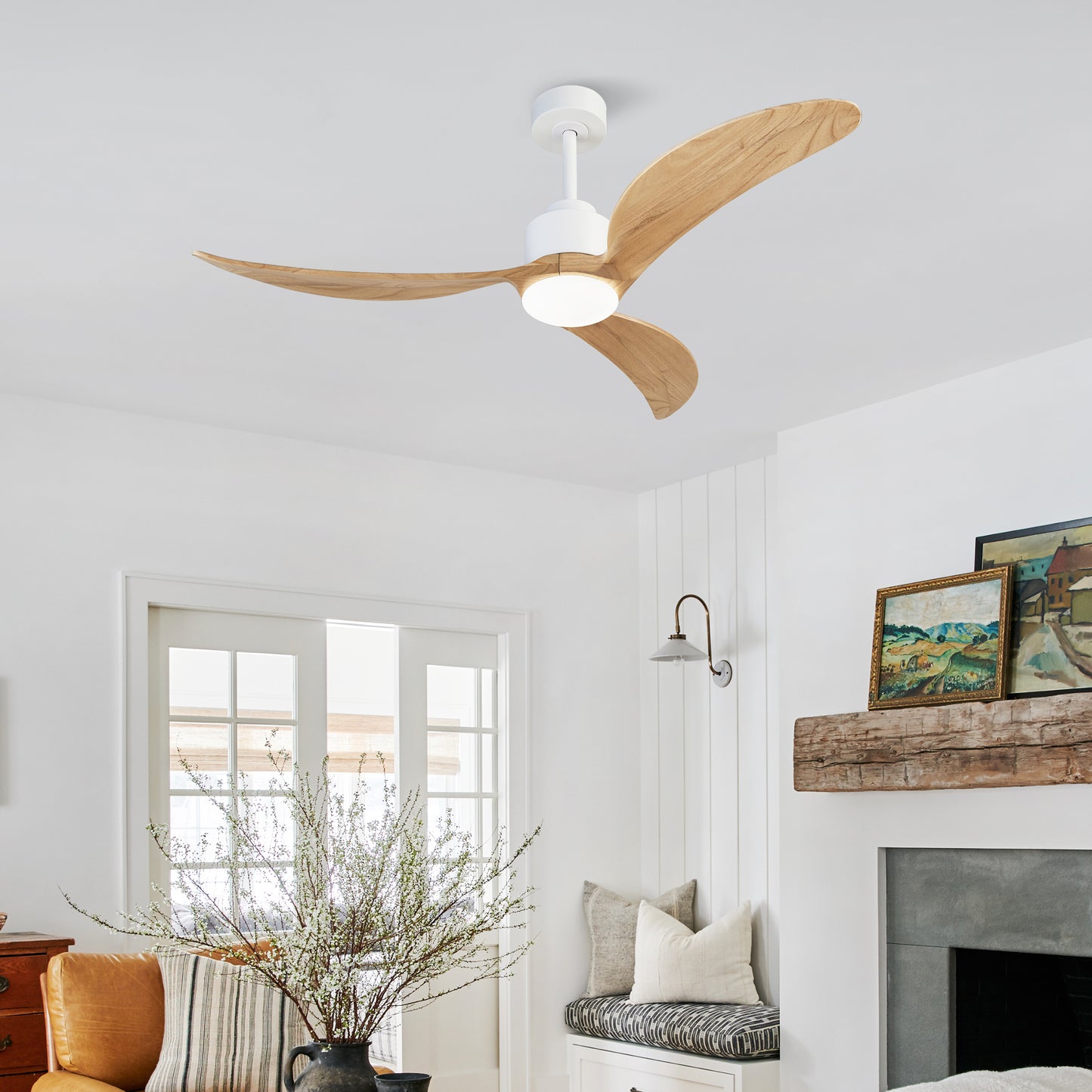 52" Ceiling Fan with Dimmable LED Light Remote Control,Quiet DC Motor 6 Speed Levels,Adjust Height( 3 PCS Rod) Reversible Ceiling Fan, for Patio Living Room, Bedroom, Office,Indoor.(White +Natural)