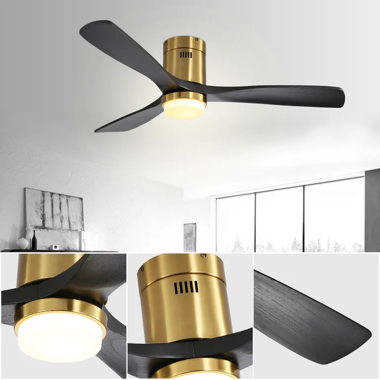 52 Inch Flush Mount Ceiling Fan With 3 Solid Wood Blades Remote Control Reversible DC Motor For Living Room