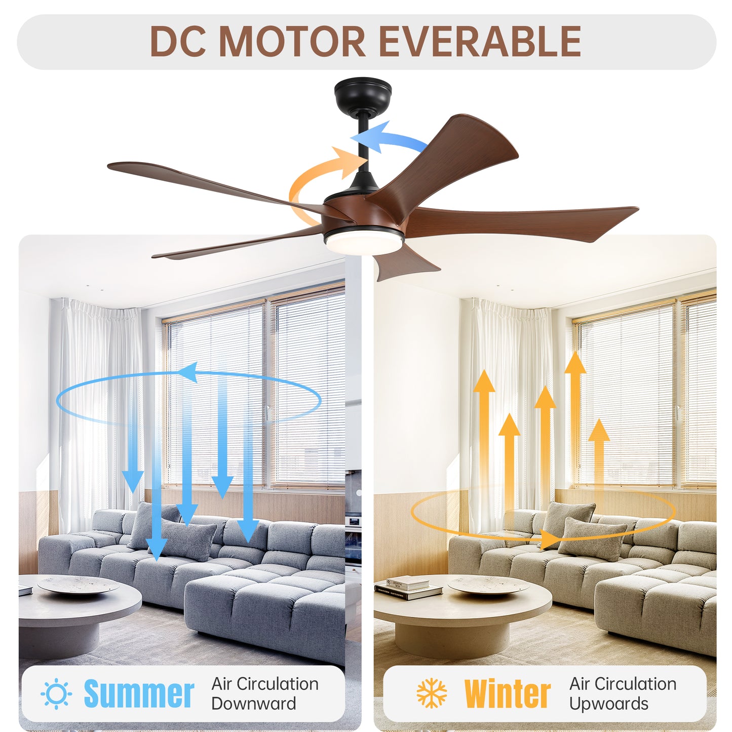 52 Inch Modern Ceiling Fan With 3 Color Dimmable 5 ABS Blades Remote Control Reversible DC Motor With Led Light