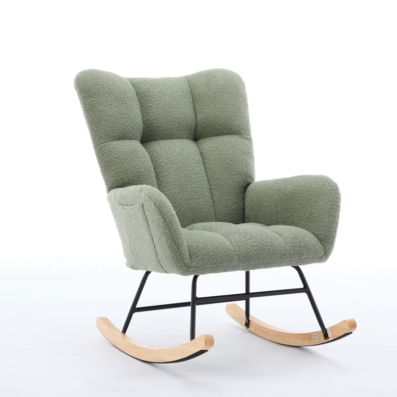 Modern Nursery Rocking Chair Upholstered Glider Chair with High Backrest Rocker Accent Armchair with Solid Wood Legs for Nursery Bedroom Living Room Teddy(GREEN)