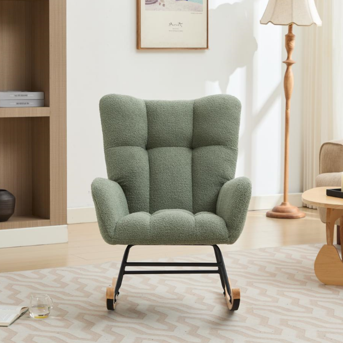 Modern Nursery Rocking Chair Upholstered Glider Chair with High Backrest Rocker Accent Armchair with Solid Wood Legs for Nursery Bedroom Living Room Teddy(GREEN)