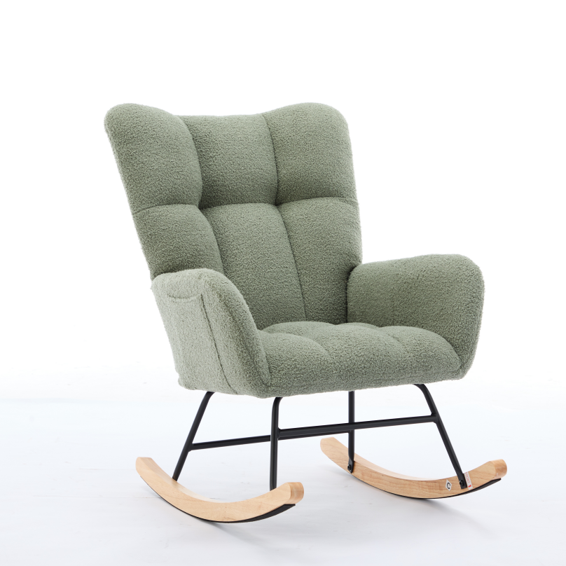 Modern Nursery Rocking Chair Upholstered Glider Chair with High Backrest Rocker Accent Armchair with Solid Wood Legs for Nursery Bedroom Living Room Teddy(GREEN)