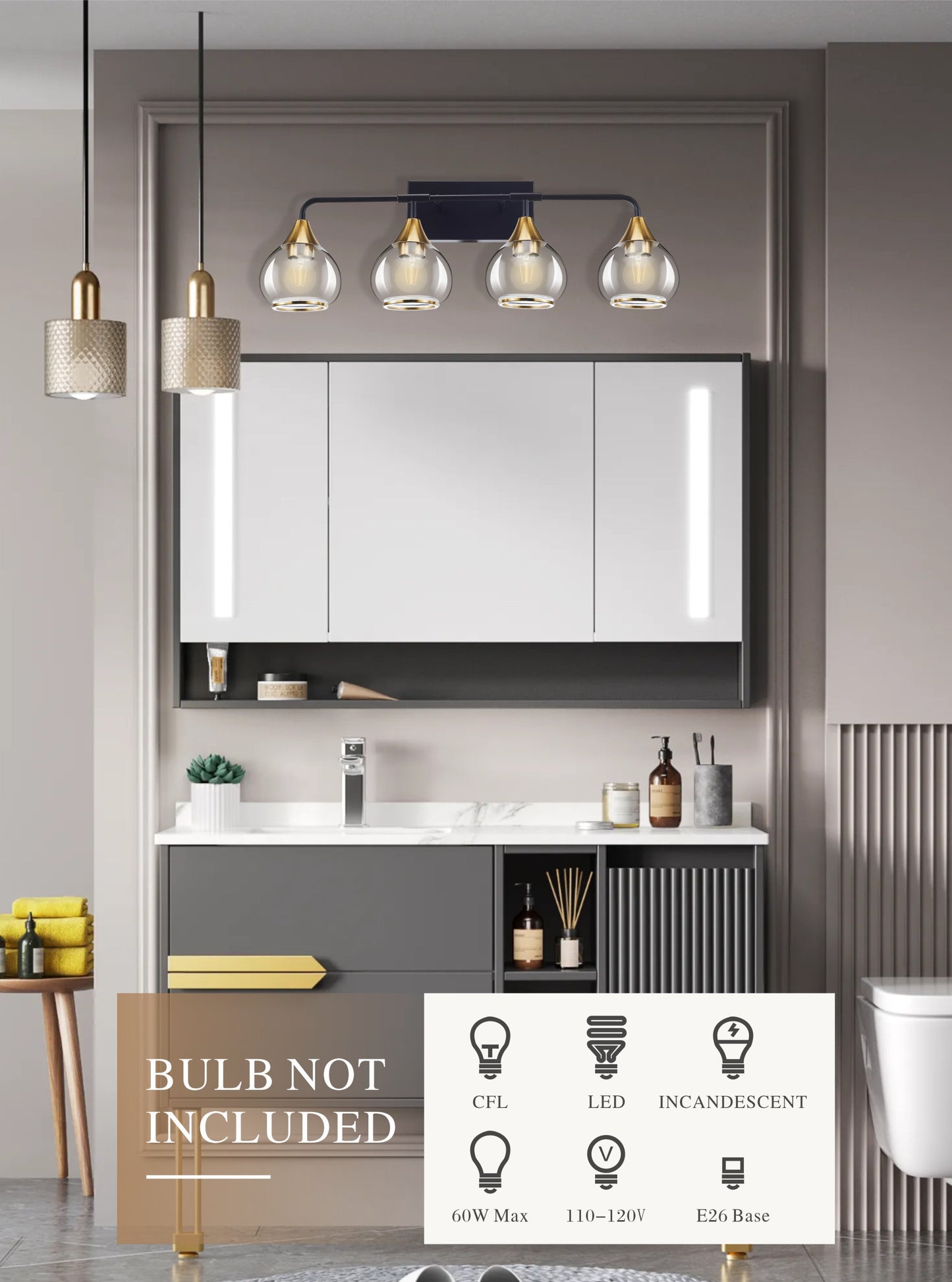Home Decorative Bedroom Bathroom Vanity Light Matte Black Antique Brass Iron Glass 4-Light E26 Bulb Wall Mounted Light