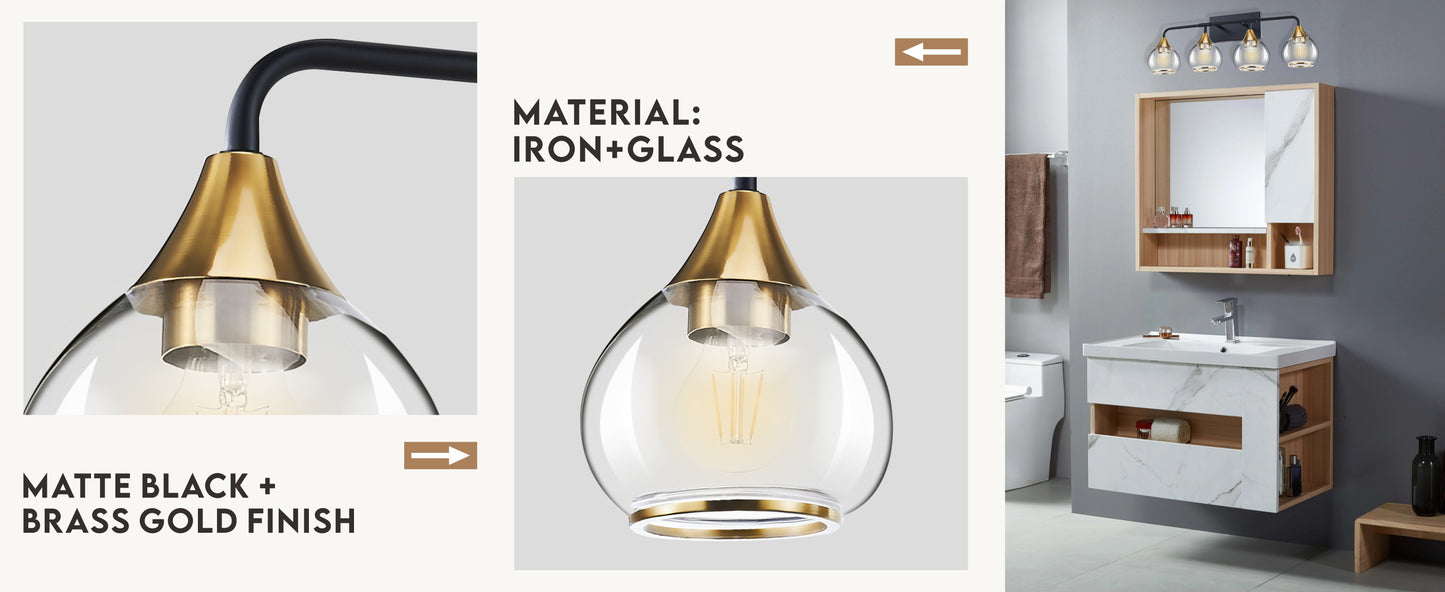 Home Decorative Bedroom Bathroom Vanity Light Matte Black Antique Brass Iron Glass 4-Light E26 Bulb Wall Mounted Light