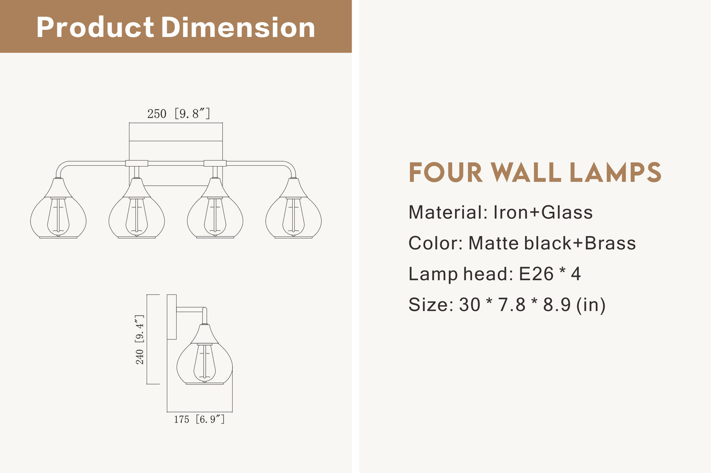 Home Decorative Bedroom Bathroom Vanity Light Matte Black Antique Brass Iron Glass 4-Light E26 Bulb Wall Mounted Light