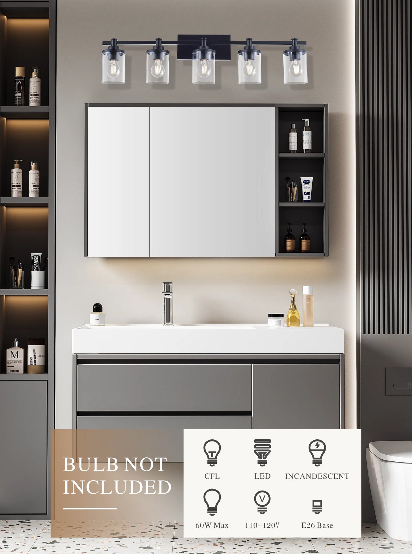 5-Light E26 Bulb Vanity Lights,Matte Black Bathroom Vanity Light Fixtures with Clear Glass, Indoor Wall Light for Bathroom, Living Room, Mirror, Bedroom,Hallway