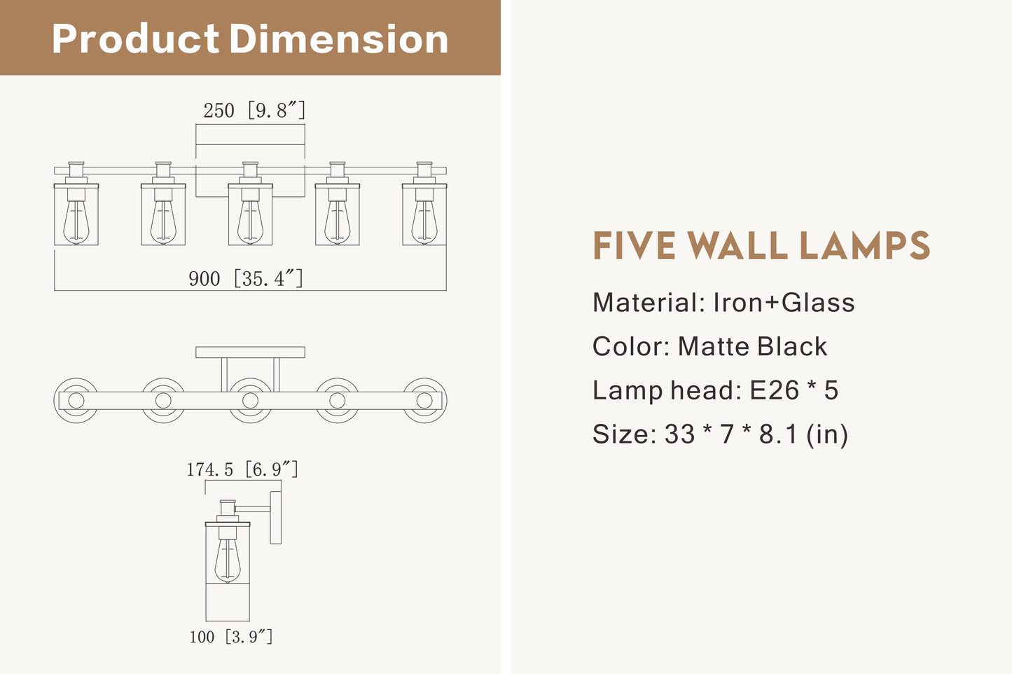 5-Light E26 Bulb Vanity Lights,Matte Black Bathroom Vanity Light Fixtures with Clear Glass, Indoor Wall Light for Bathroom, Living Room, Mirror, Bedroom,Hallway