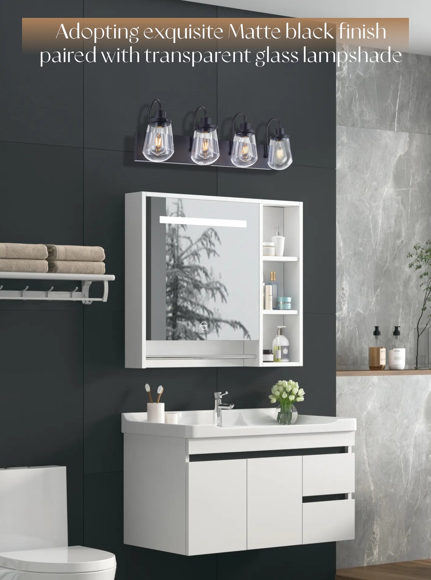 Indoor Modern Bedroom Wall Lamp In Matte Black, Iron Clear Glass Shade,4-Lights E26 Bulb Bathroom Vanity Light