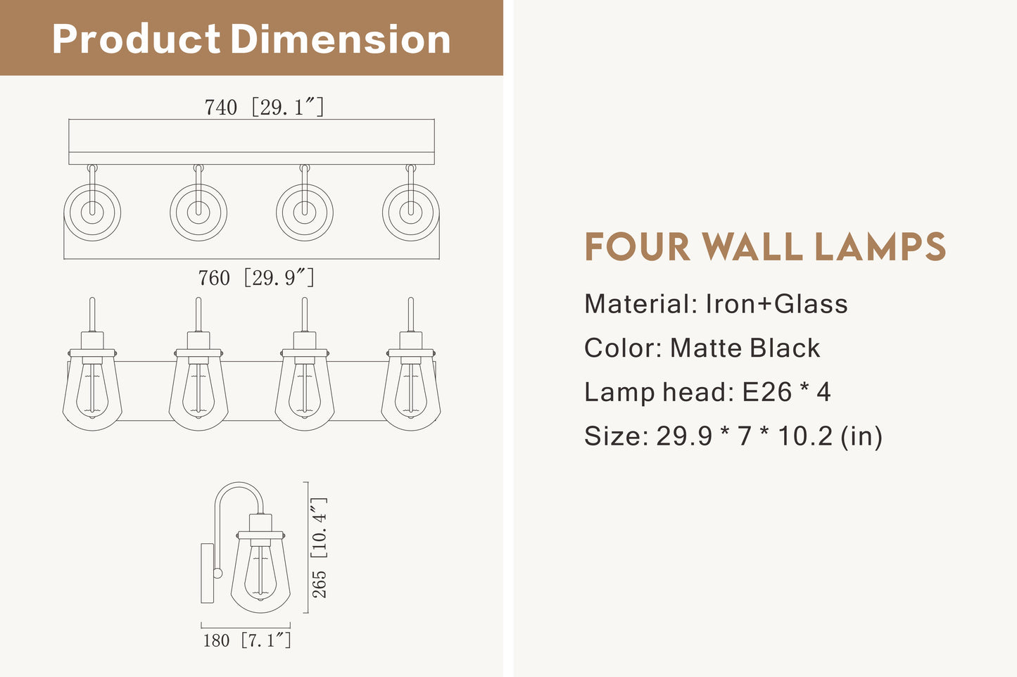 Indoor Modern Bedroom Wall Lamp In Matte Black, Iron Clear Glass Shade,4-Lights E26 Bulb Bathroom Vanity Light
