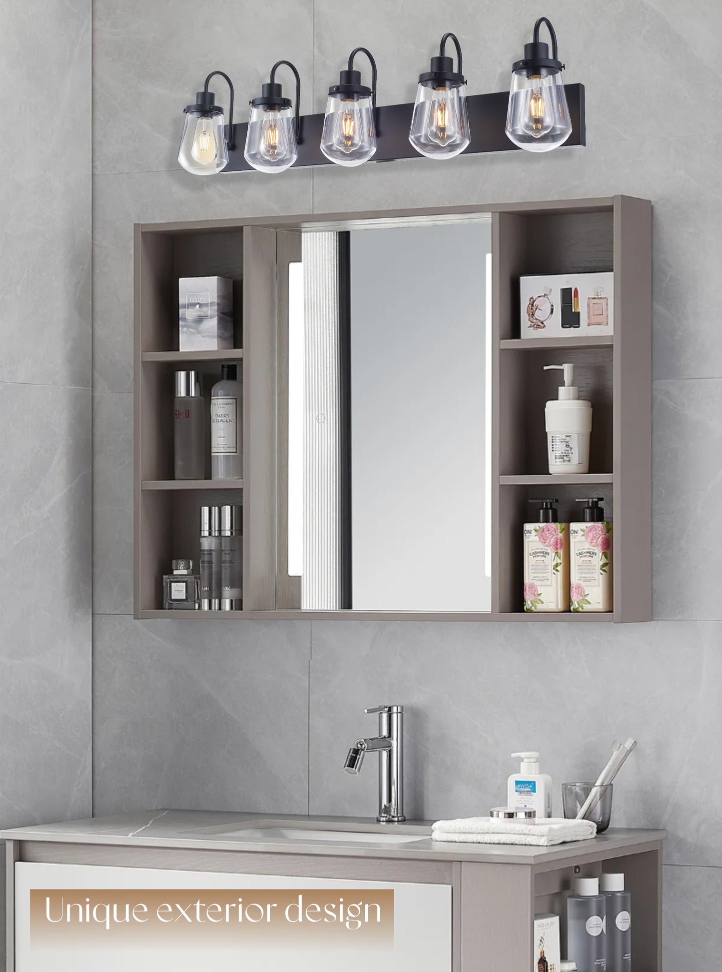 Bathroom Lights Over Mirror, 5-Lights E26 Bulb Matte Black Vanity Light Fixtures with Clear Glass Globe Shades for Hallway Kitchen Living Room