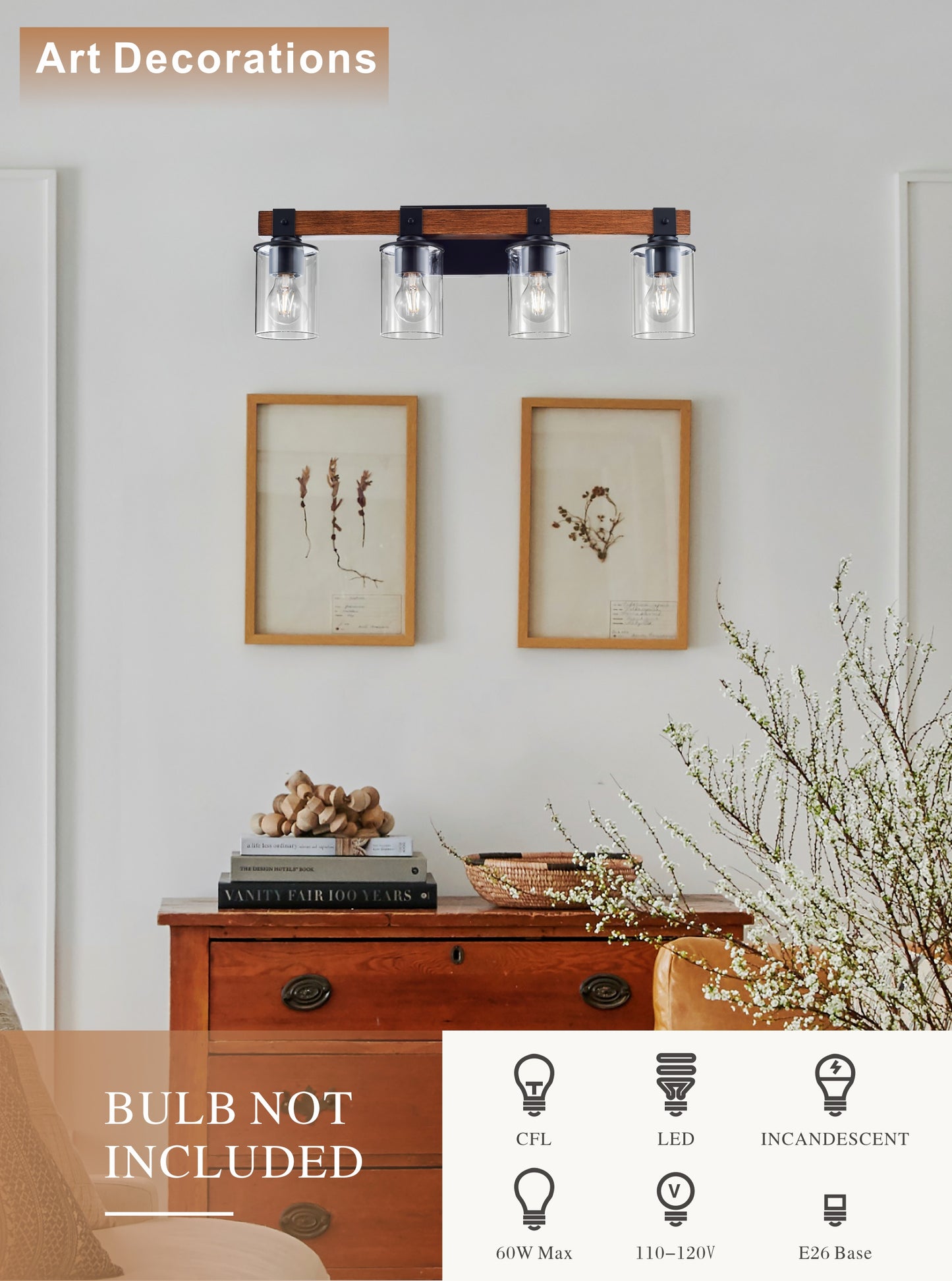 4-Light E26 Bulb Industrial Style Farmhouse Wall Light , Rustic Wood Bathroom Vanity Lights with Clear Glass, Modern Iron Wall Sconce for Bedroom, Kitchen, Hallway