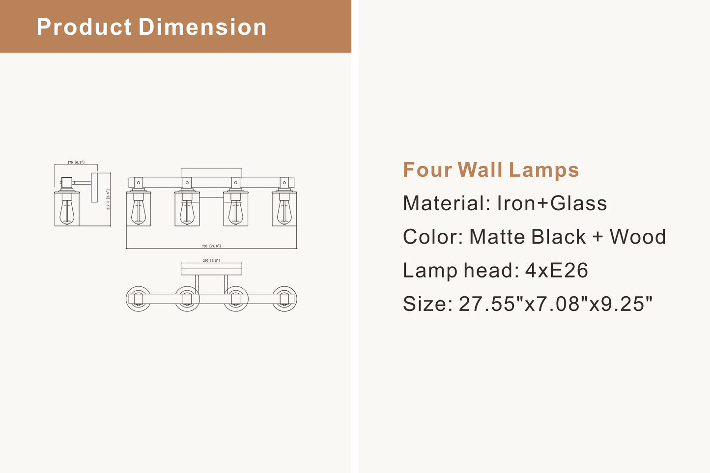 4-Light E26 Bulb Industrial Style Farmhouse Wall Light , Rustic Wood Bathroom Vanity Lights with Clear Glass, Modern Iron Wall Sconce for Bedroom, Kitchen, Hallway