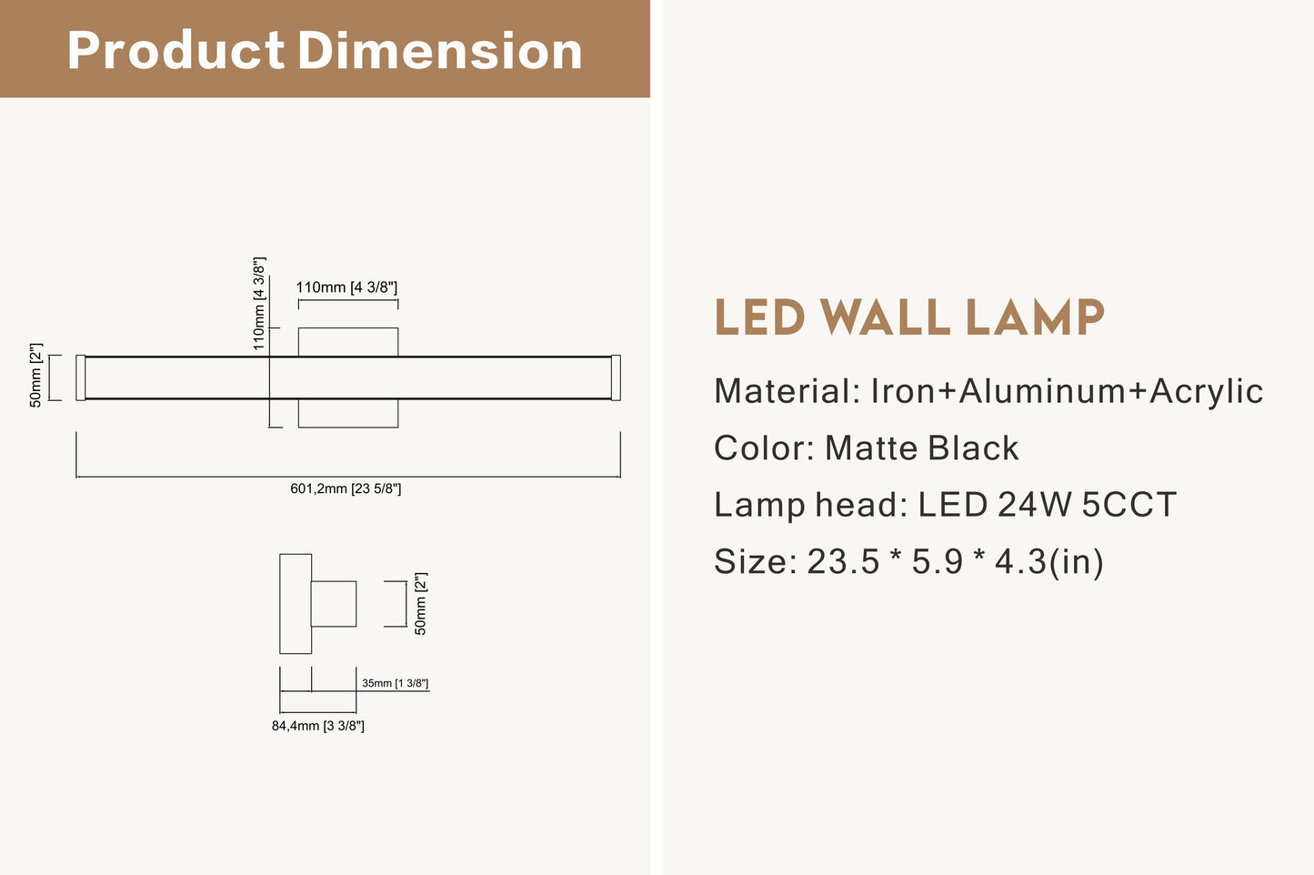 LED 24 Inch 14w 5CCT Dimming Wall Light, Iron Aluminum Acrylic Wall-Mounted Lighting Fixtures, Matte Black Bathroom Vanity Light Over Mirror